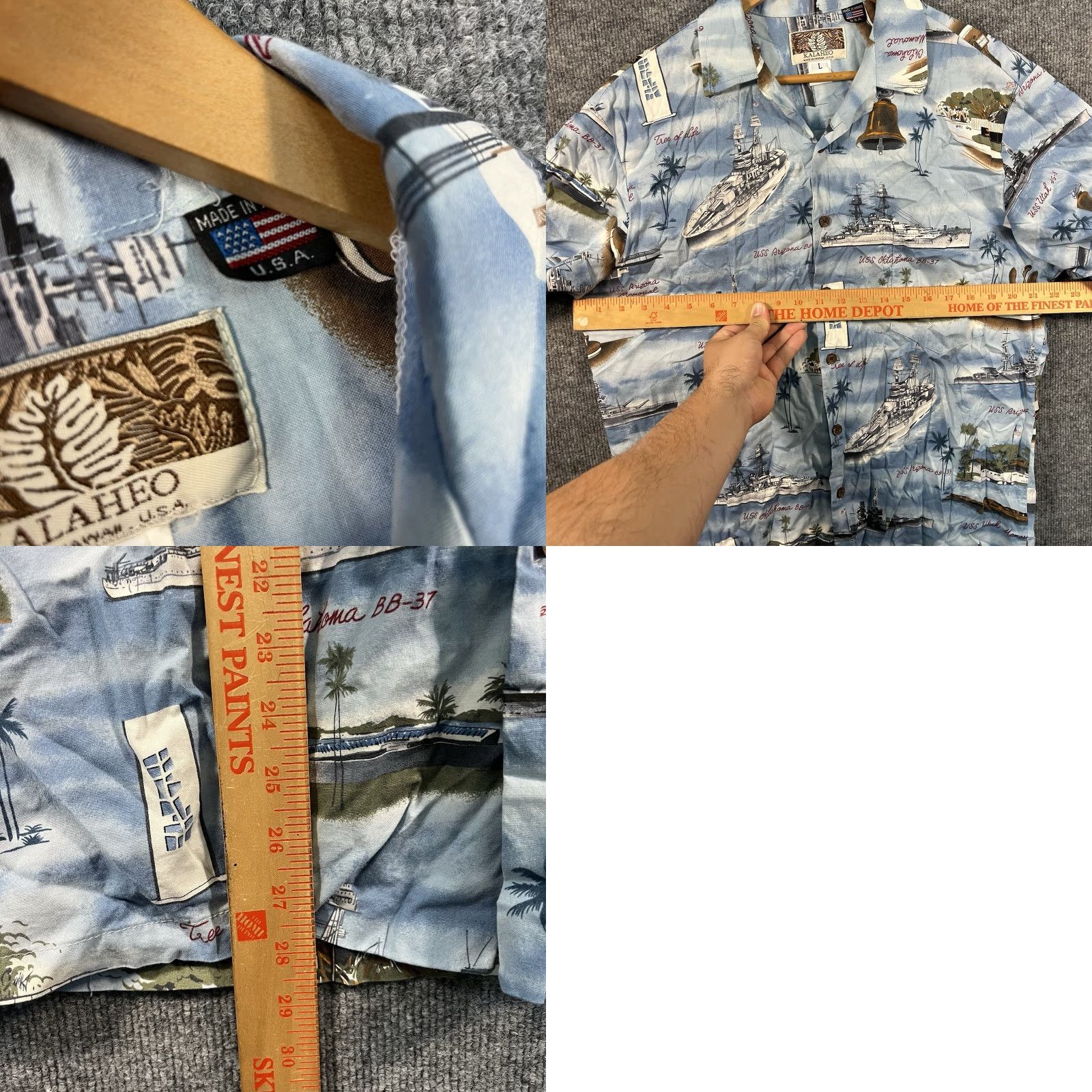 Vintage VINTAGE Kalaheo Hawaiian Shirt Mens L WW2 Pearl Harbor Memorial US Navy Battleships Graphic Print Blue Button-Up Short Sleeve Casual Shirt Size US L / EU 52-54 / 3 - 8 Thumbnail