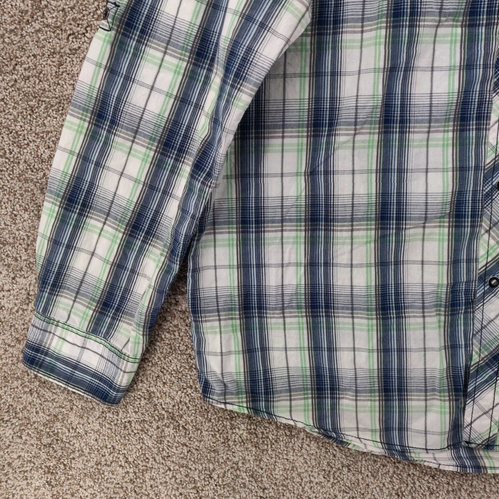 Vintage SKULLY Shirt Mens XL Blue Green Plaid Flannel Button-Up Snap Roll Up Sleeves Long Sleeve Casual Classic Outdoor Western Size US XL / EU 56 / 4 - 3 Thumbnail