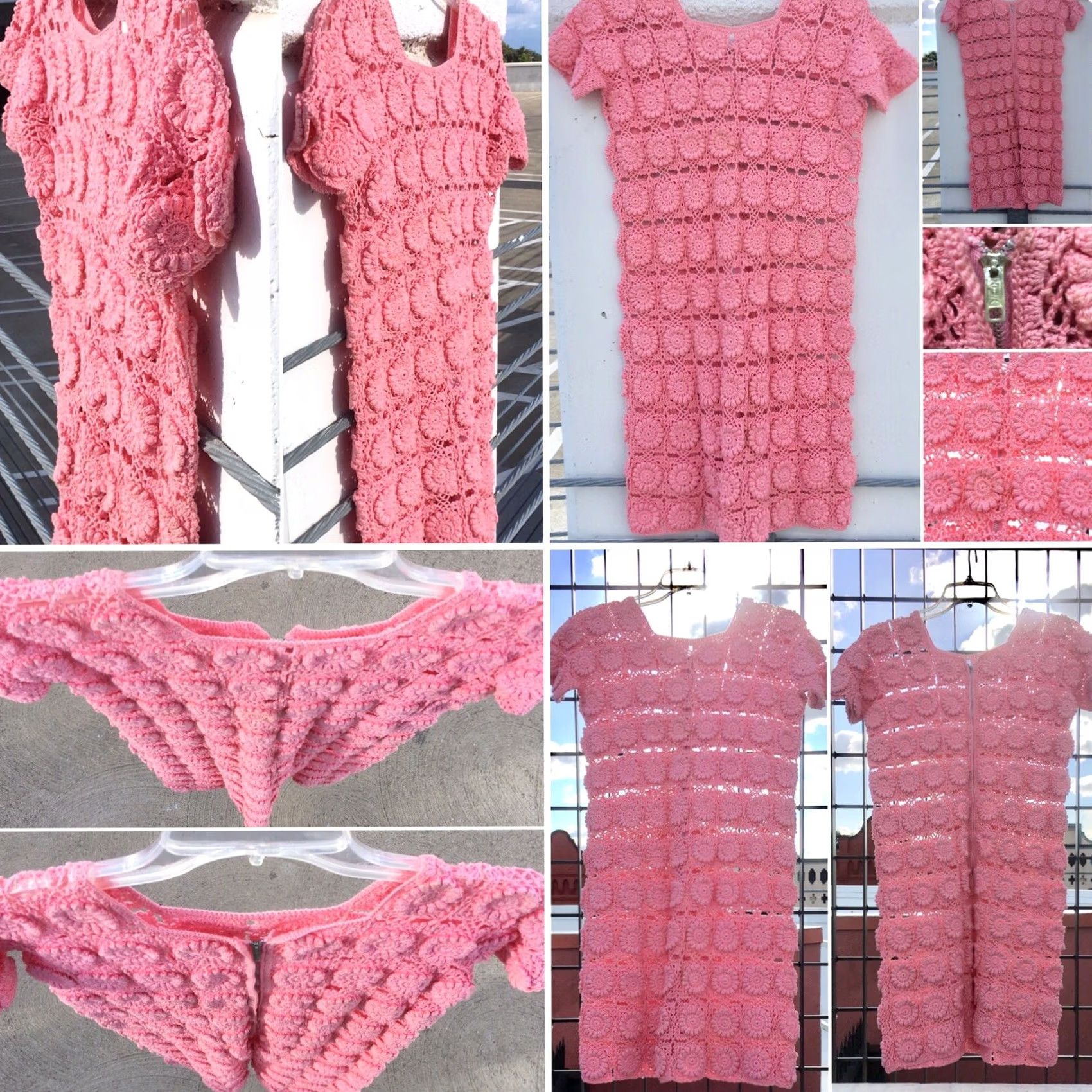 Pinko VINTAGE Pink Crochet Dress Floral Granny Square Boho 60s 70s Style Mini Women Size M / US 6-8 / IT 42-44 - 2 Thumbnail