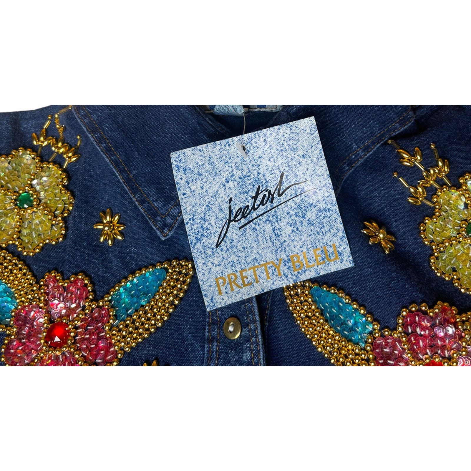 Other Vtg Jeetish Pretty Bleu Blue Denim Beaded Sequin Shirt M Size M / US 6-8 / IT 42-44 - 3 Thumbnail