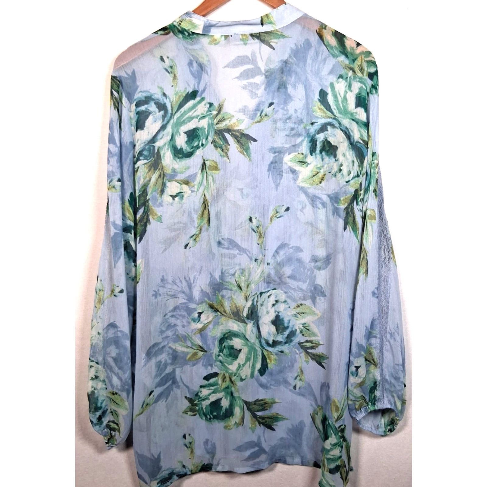 Vintage Susan Graver Blouse XL Blue Peony Floral Long Sleeve Semi Sheer Lace Pleated Shirt Womens Size XL / US 12-14 / IT 48-50 - 2 Thumbnail