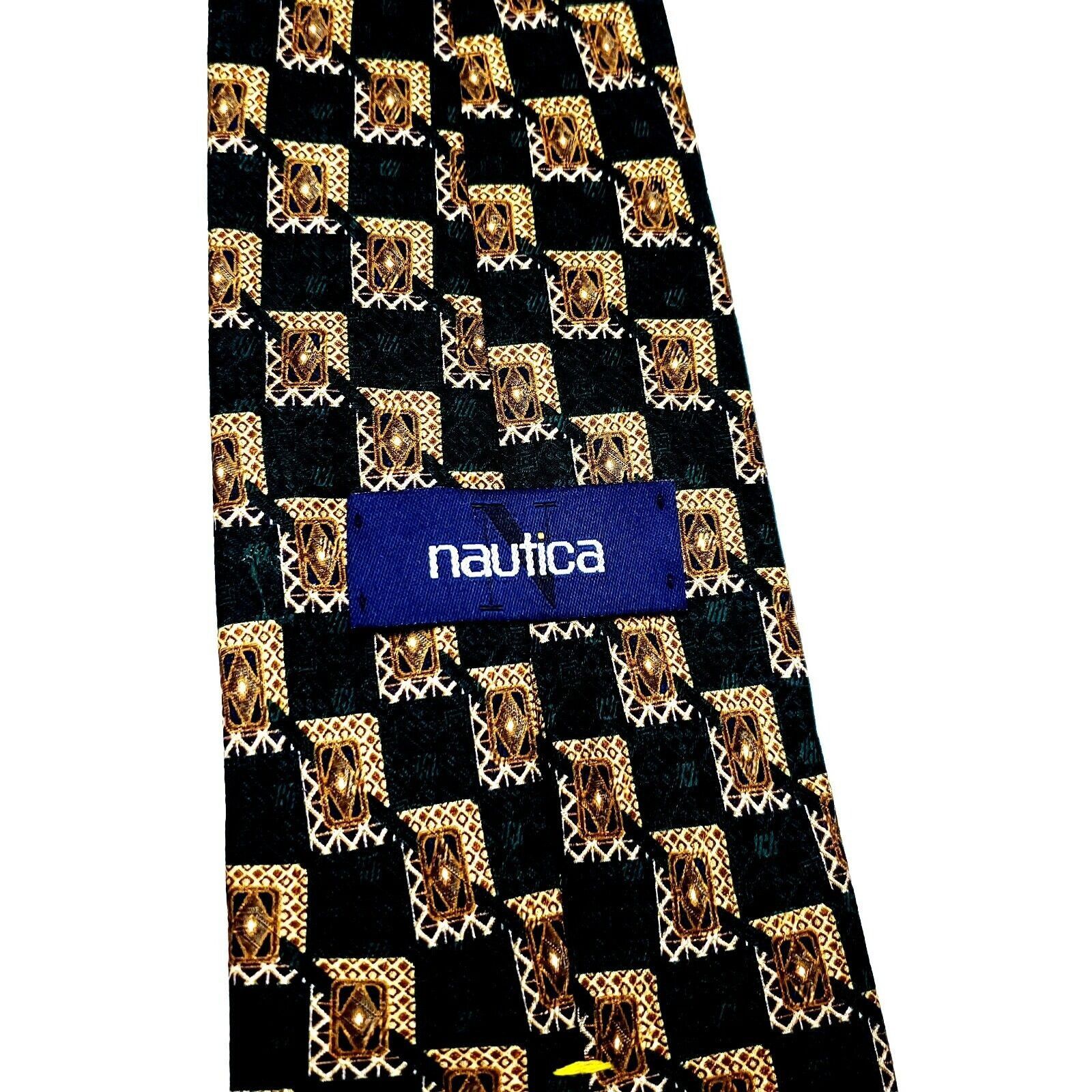 Nautica Nautica Silk Tie Print Green Tan Geometric Short Wide Size ONE SIZE - 3 Thumbnail
