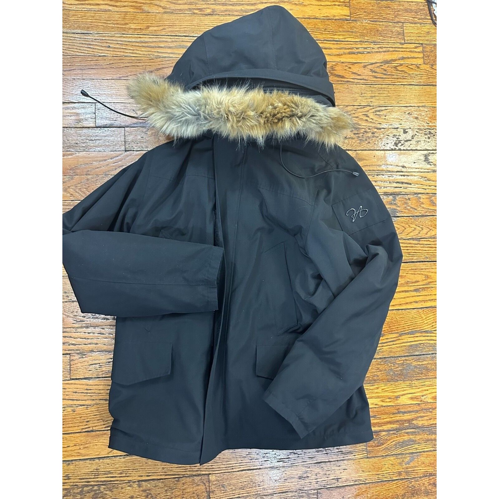image of North Aware Mens Black Long Sleeve Pocket Fur Trim Hooded Pa (Size Large)