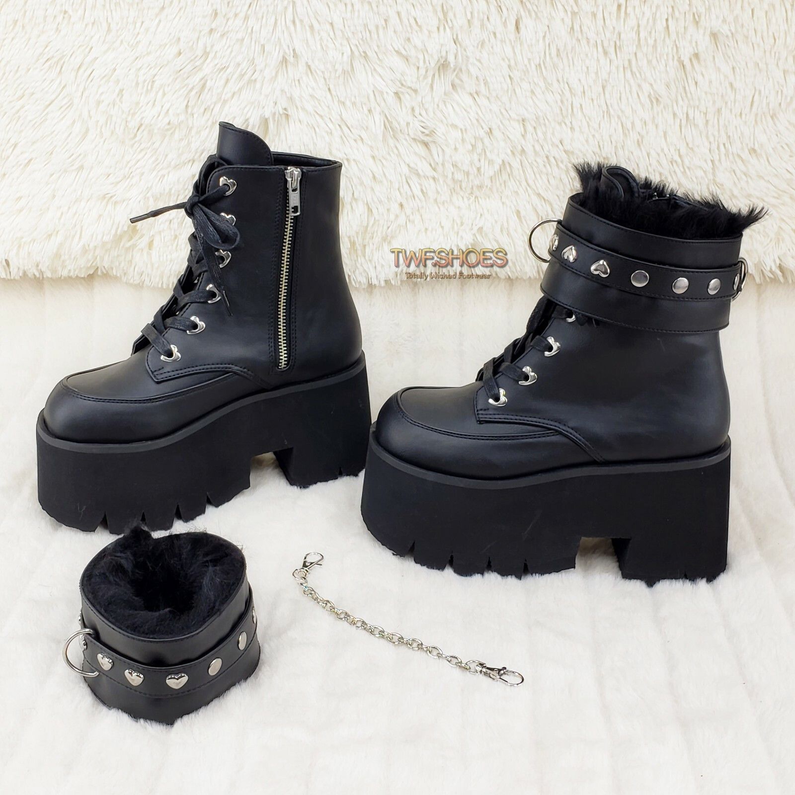 Other Ashes 57 Black Heart Studs 3.5" Platform Goth Boots Fur Line Size US 7 / IT 37 - 9 Thumbnail