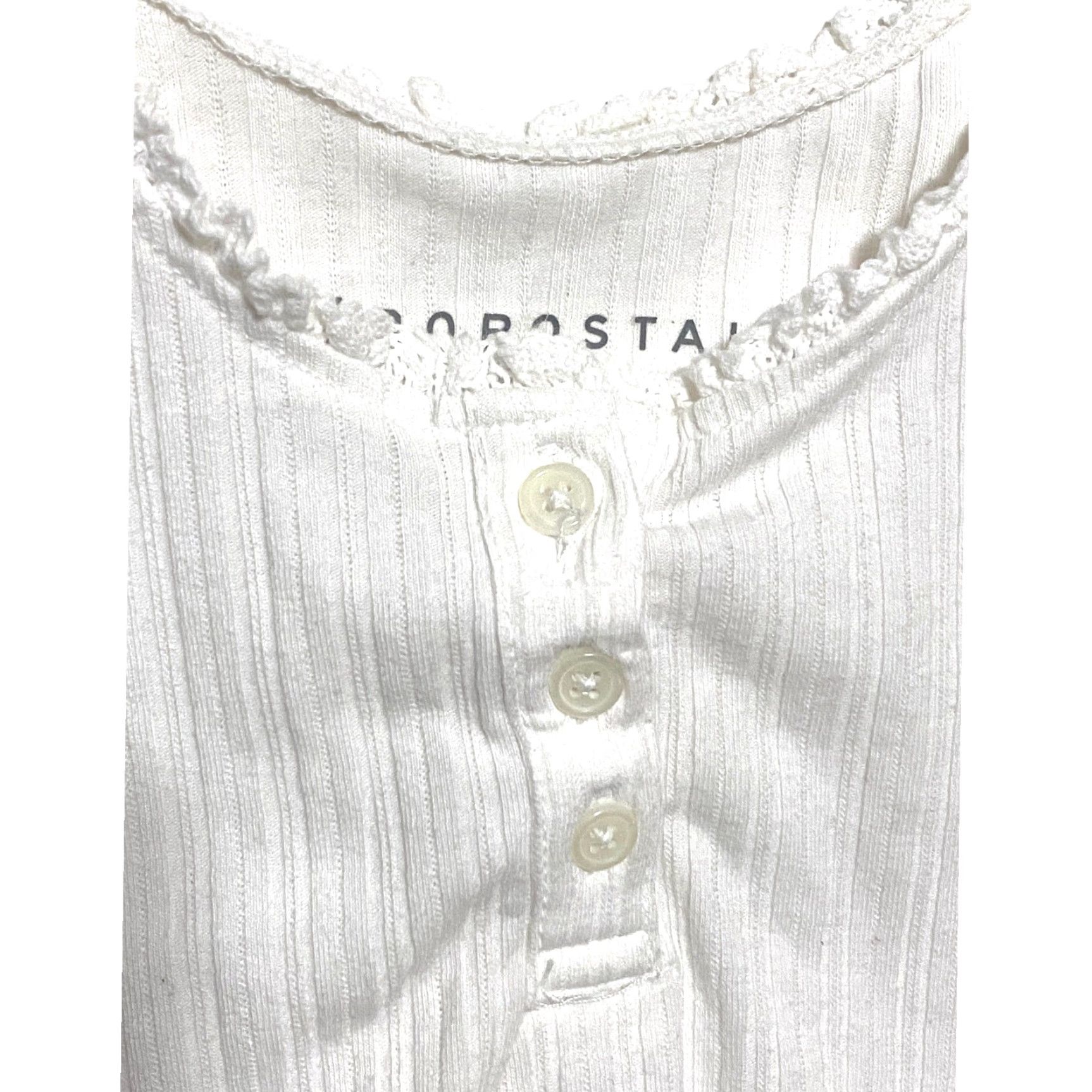 Aeropostale VINTAGE Aeropostale White Cropped Tank Top XS Henley Ribbed Ruffles Y2K Dainty Festival Size XS / US 0-2 / IT 36-38 - 4 Thumbnail