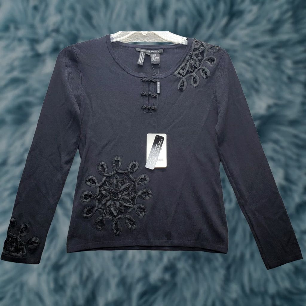 Vintage Michelle Nicole Blouse Top Womens Medium Black Beaded Floral Frog Button Front Size M / US 6-8 / IT 42-44 - 1 Thumbnail
