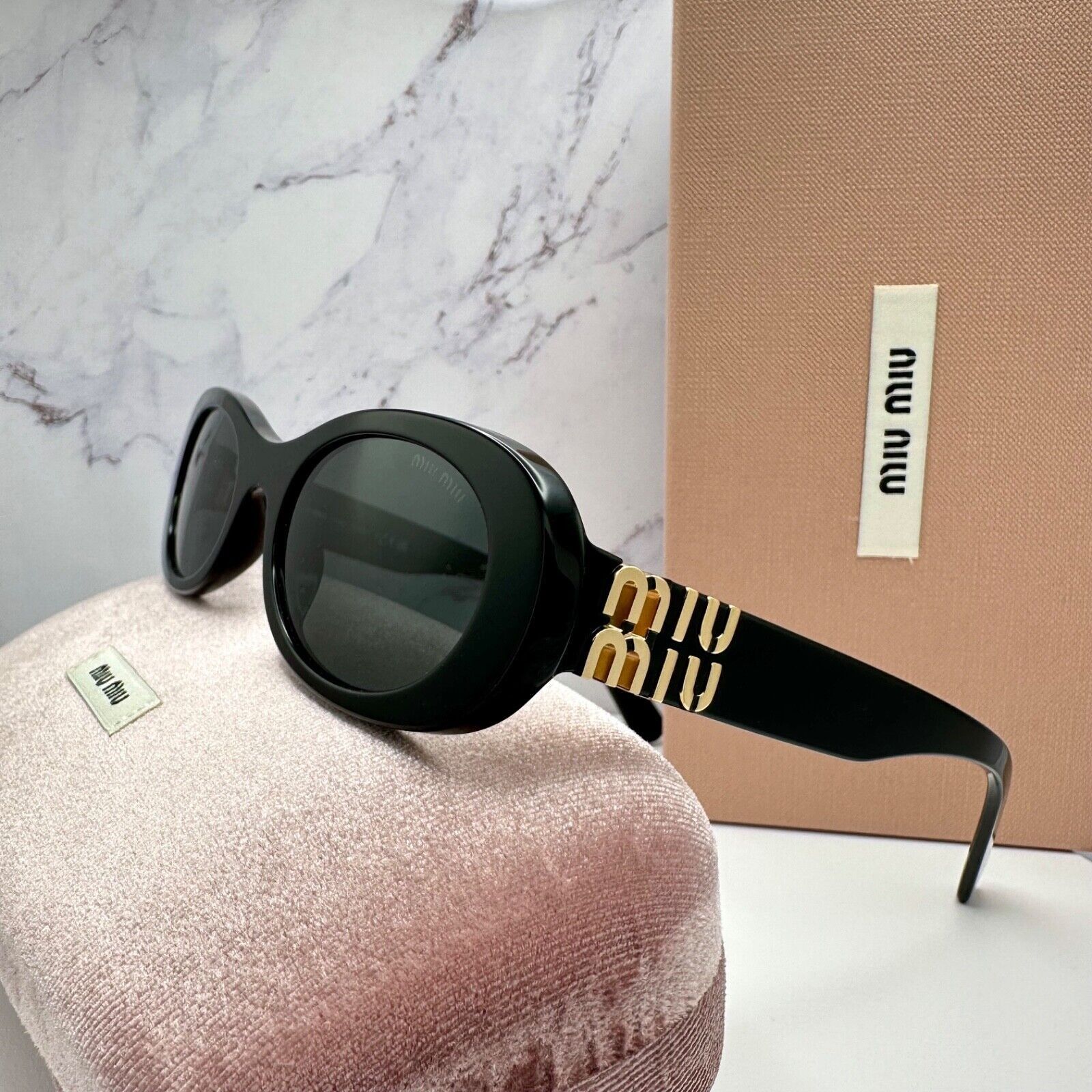 Miu Miu New MIU MIU Sunglasses Black Oval Gold Metal Logo Authentic Size ONE SIZE - 24 Thumbnail