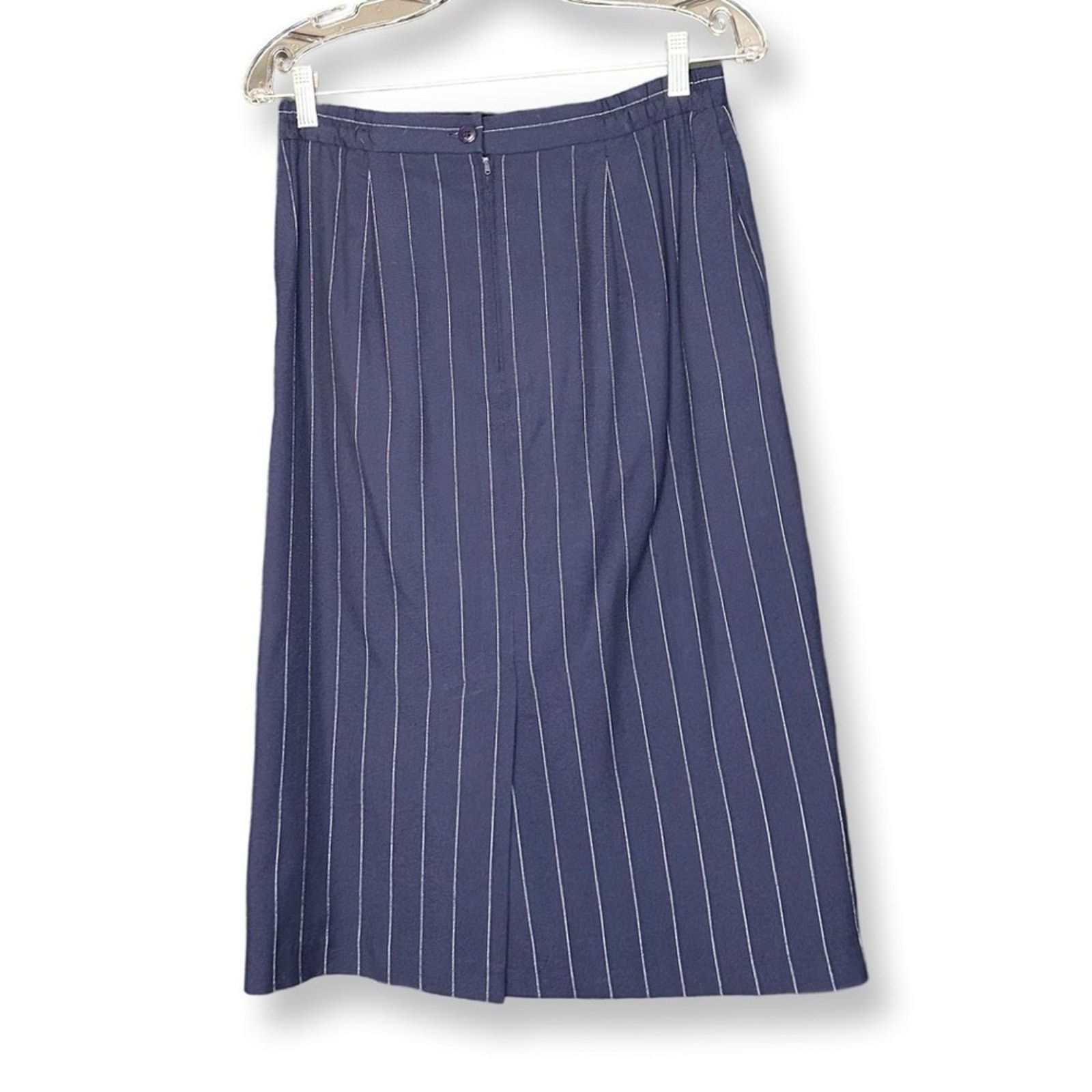 Evan Picone Navy Pinstripe Double-Breasted Blazer Suit Set Size L / US 10 / IT 46 - 6 Thumbnail