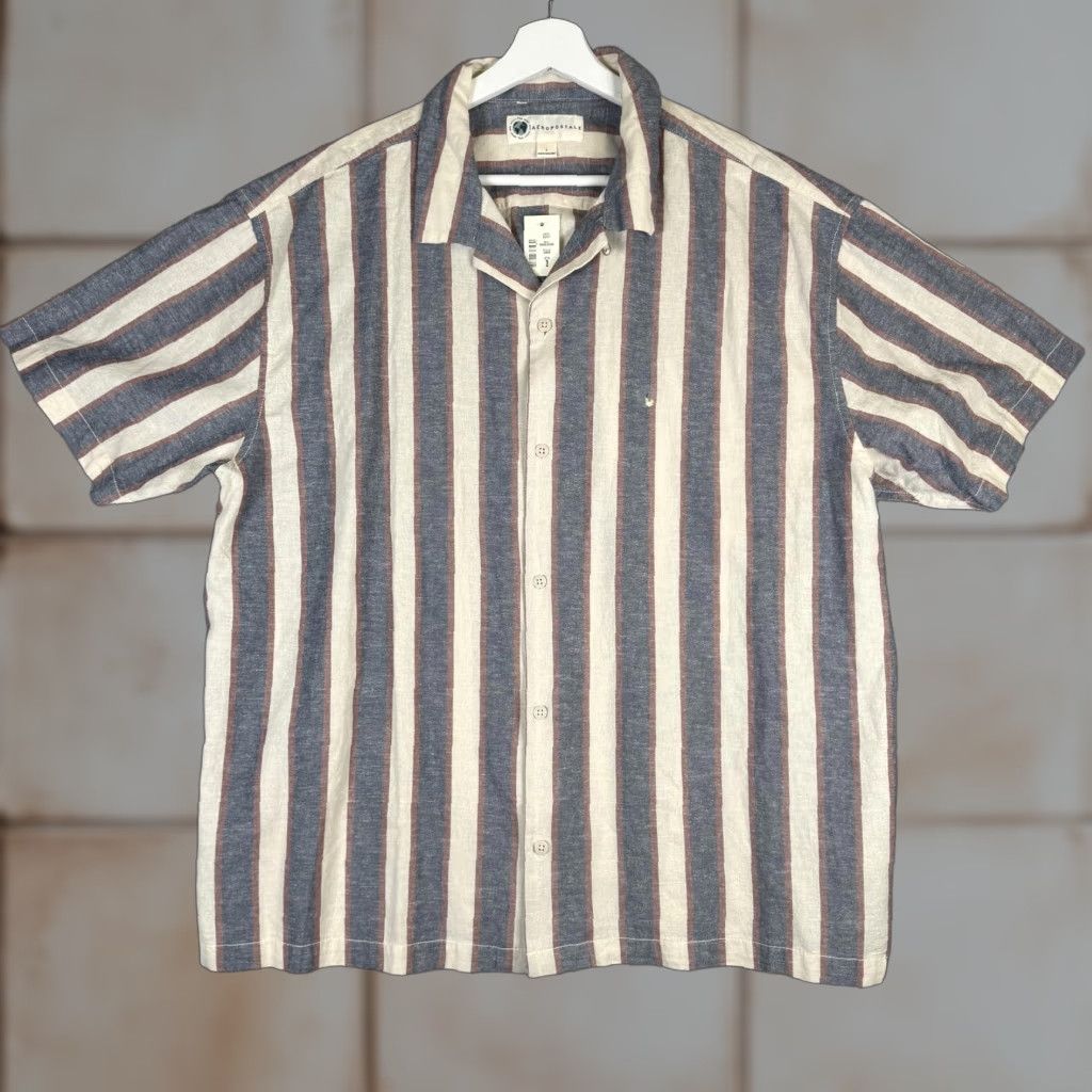 Vintage Aéropostale Shirt Men L Gray Multi Striped Short Sleeve Button Up Size US 33 - 1 Thumbnail