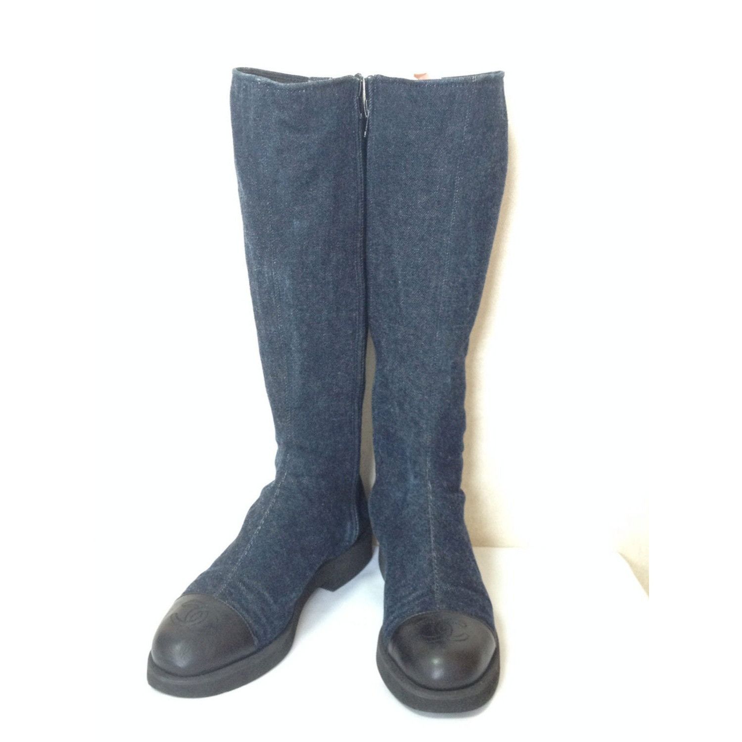 Chanel MINT. Vintage CHANEL mid high boots, black and denim combo Size US 7 / IT 37 - 1 Thumbnail