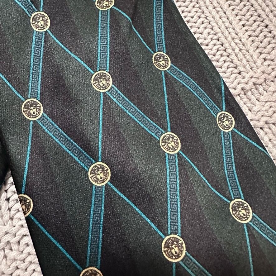 Versace Versace green and black medusa head plaid silk tie Size ONE SIZE - 2 Thumbnail