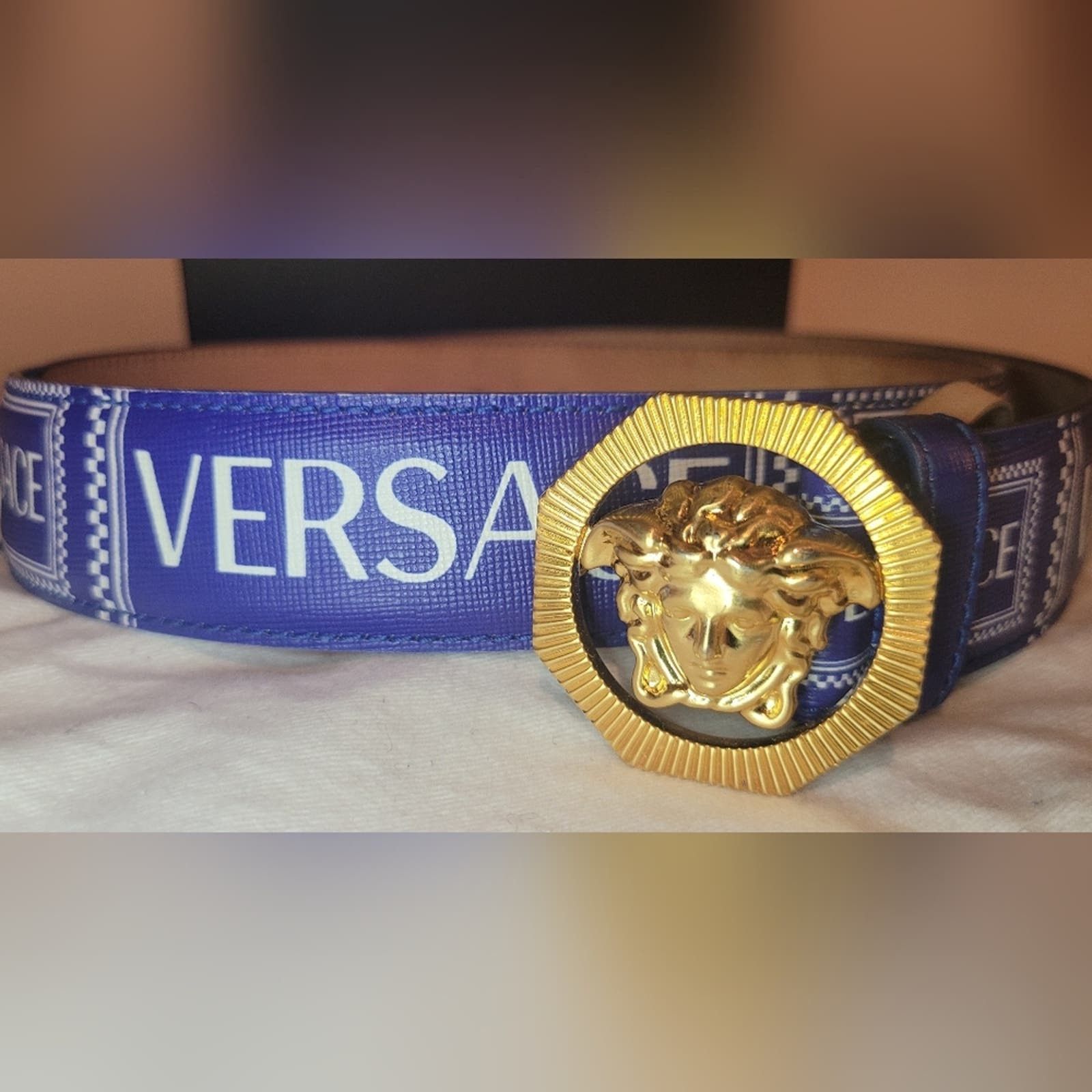 image of Versace Medusa Logo Leather Belt in Blue, Men's