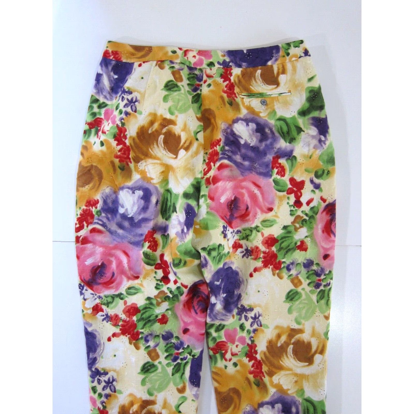 Liz Claiborne VINTAGE Liz Claiborne Collection 100% Cotton Pink Green Floral Wide Leg Pant 16 Size 38" / US 16 / IT 52 - 6 Thumbnail