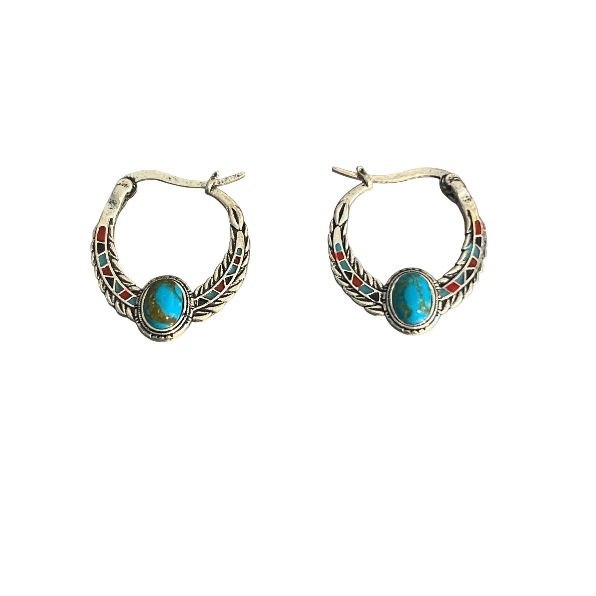 Other Vintage Silver Tone Hoop Earrings Faux Turquoise Enamel Sout Size ONE SIZE - 1 Thumbnail