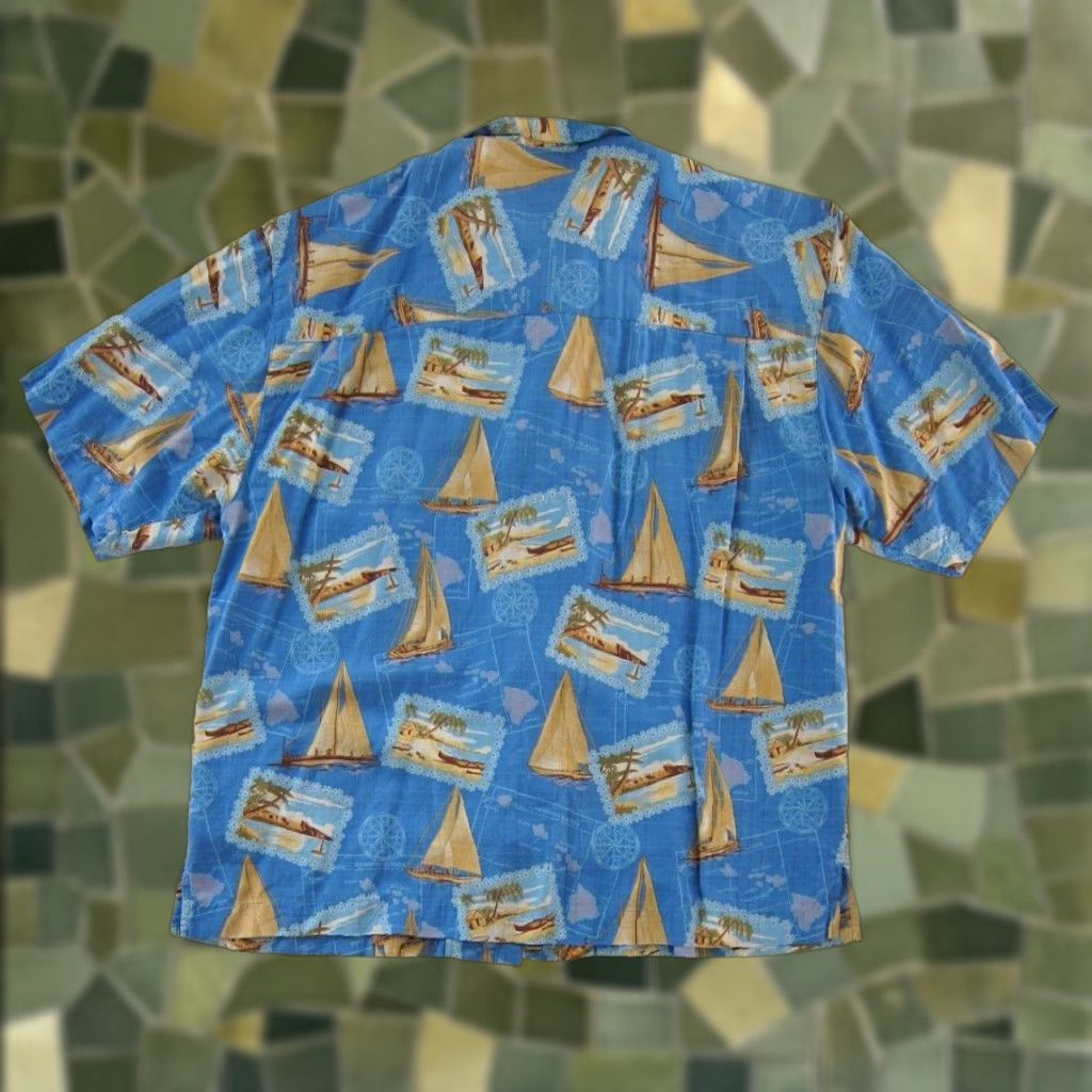 Vintage Bermuda Bay Shirt XXL Bermuda Bay 100% Silk Sailboat Blue Yellow Floral Button Down Hawaiian Shirt Mens Size US XXL / EU 58 / 5 - 1 Thumbnail