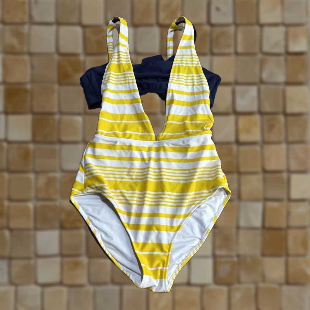 American Eagle Outfitters VINTAGE American Eagle Women's Striped One-Piece Swimsuit S Yellow Full Coverage Racerback Layered Size ONE SIZE - 1 Thumbnail