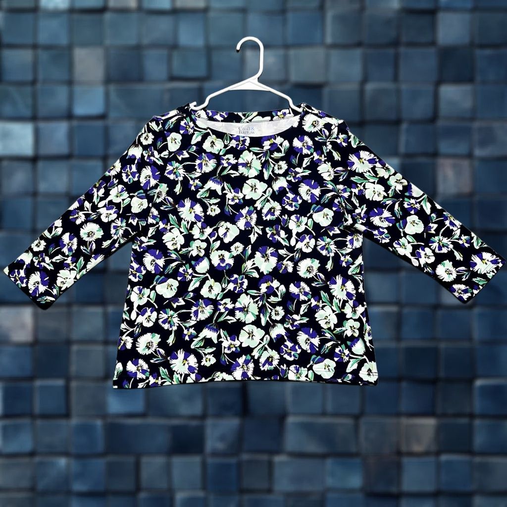 Croft & Barrow Croft & Barrow Blouse Womens PM Petite Blue Floral 3/4 Sleeve Boat Neck EUC Size M / US 6-8 / IT 42-44 - 1 Thumbnail