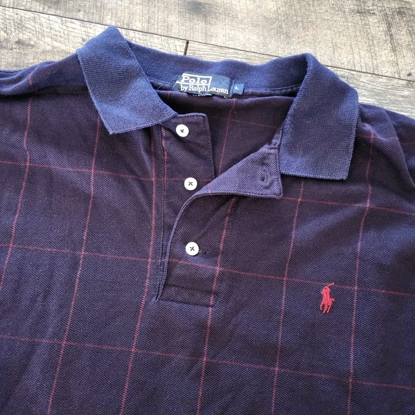 Polo Ralph Lauren VINTAGE Polo Ralph Lauren Long Sleeve Polo Mens Large Navy Check Made in USA 90s Mens Polo Shirt Blue Check 90s Vintage Regular Mens Size US L / EU 52-54 / 3 - 4 Thumbnail