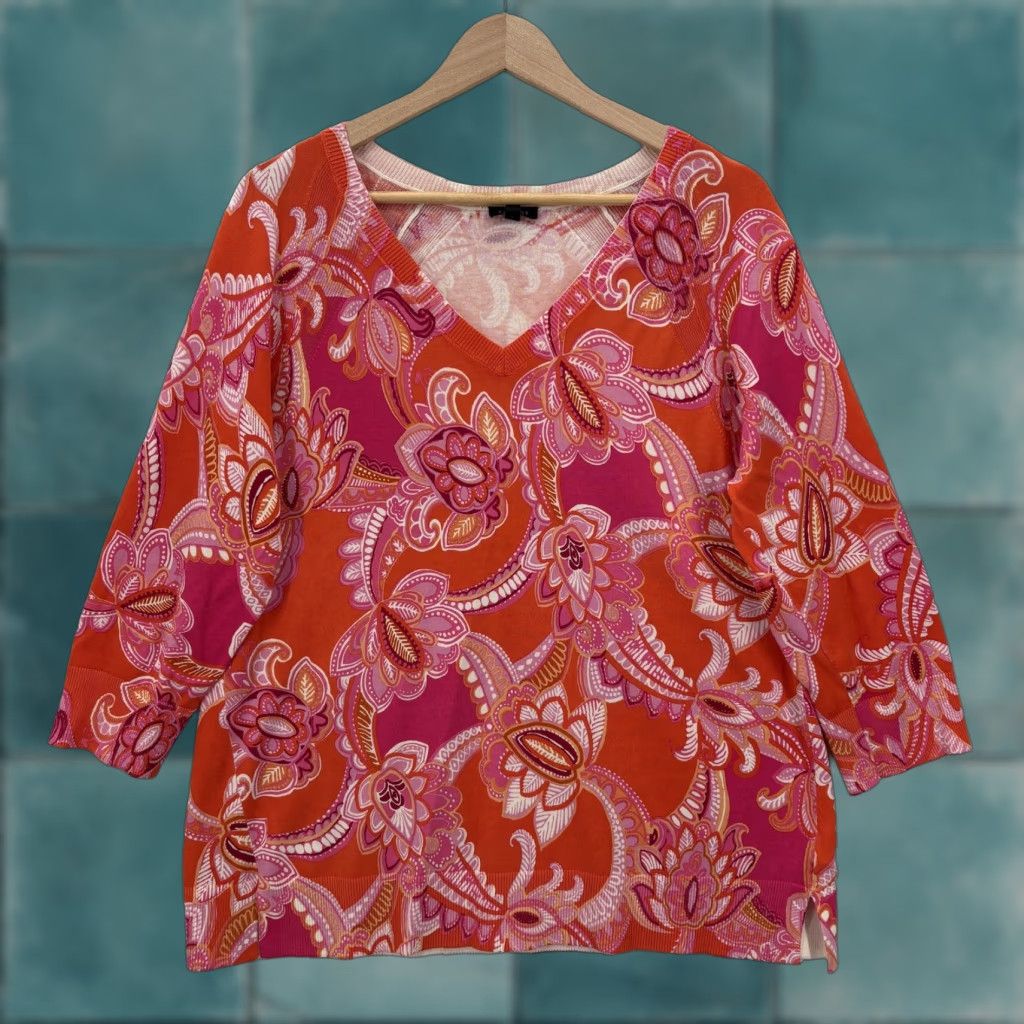Talbots Talbots Sweater Womens L Orange Paisley V Neck 3/4 Sleeve Knit Pullover Preppy Size L / US 10 / IT 46 - 1 Thumbnail