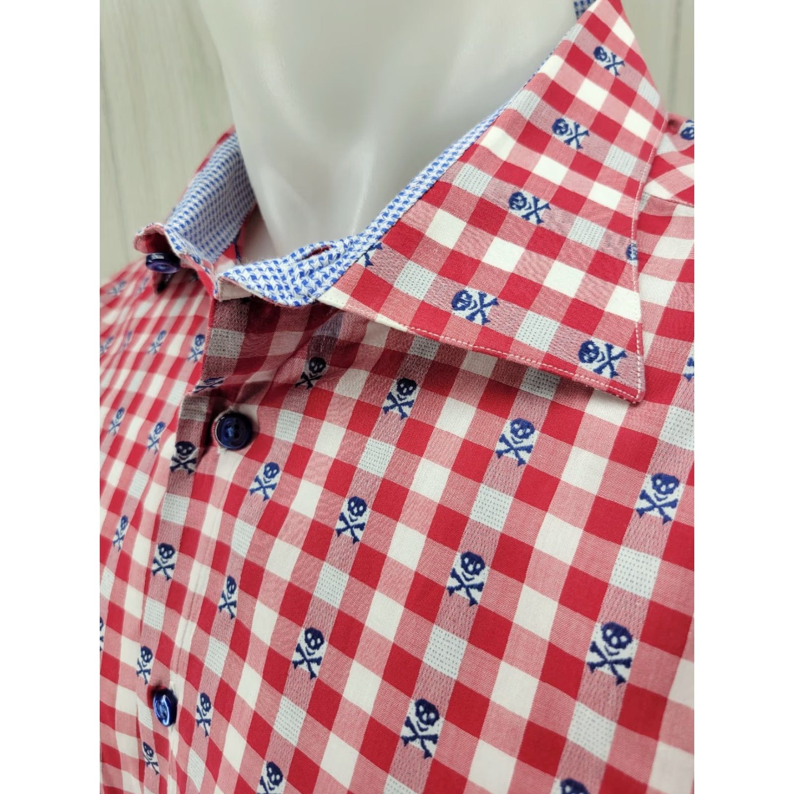 Vintage Aldrich Shirt Men’s Large Plaid Red Blue Skull Button-Up Long Sleeve Shirt – No Pocket, Casual Workwear, Vintage? No (Adapted) Size US L / EU 52-54 / 3 - 3 Thumbnail
