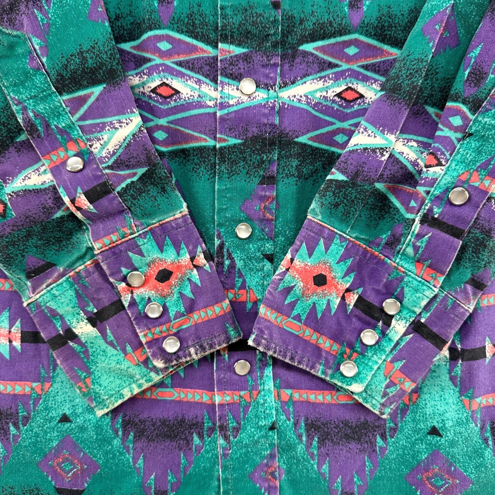 Vintage VINTAGE Panhandle Slim Shirt Men 16.5 34 Purple Green Black Pearl Snap Aztec 90s Size US XL / EU 56 / 4 - 2 Thumbnail