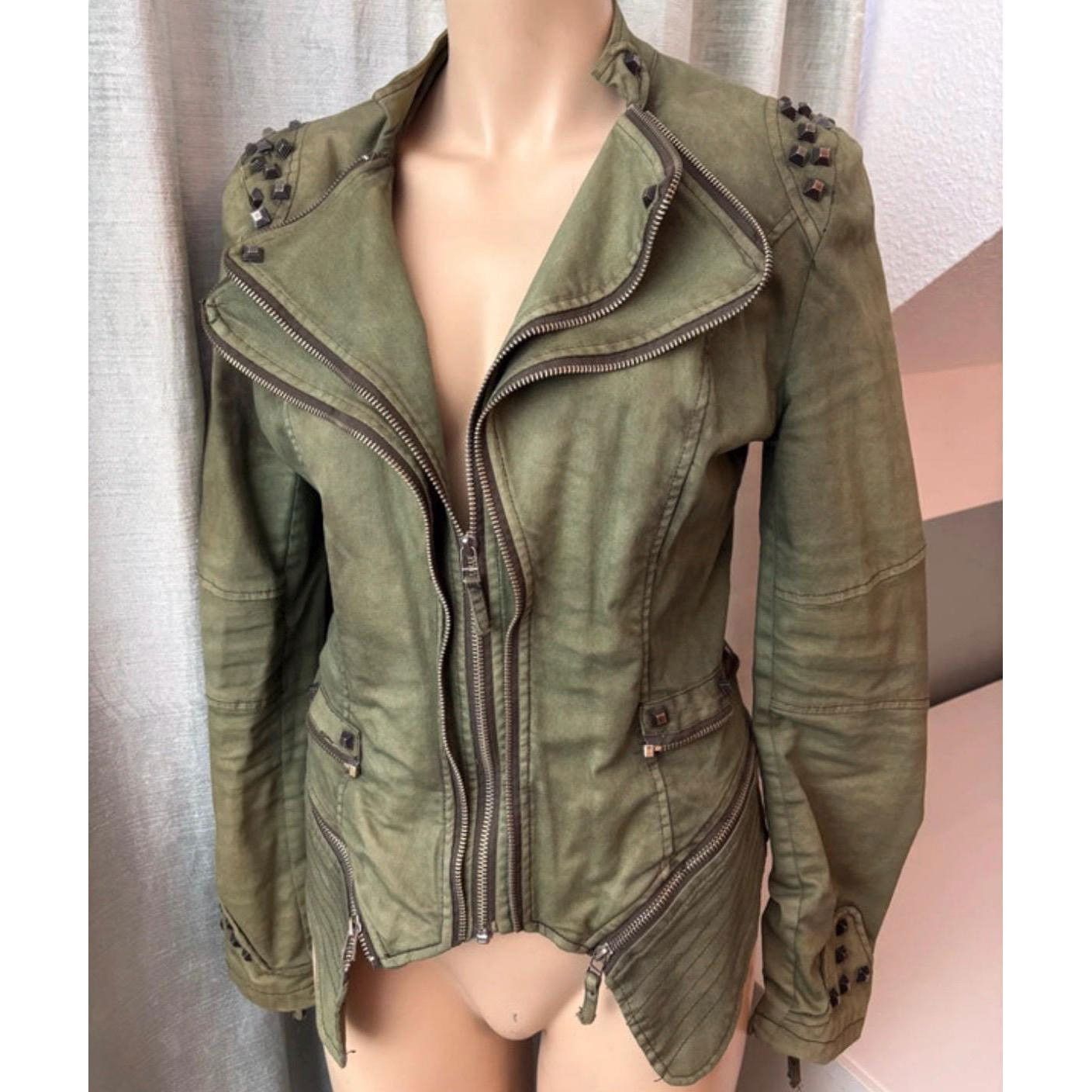 Cop Copine The Asymmetrical Studded Multizipper Denim Jacket Size ONE SIZE - 4 Thumbnail
