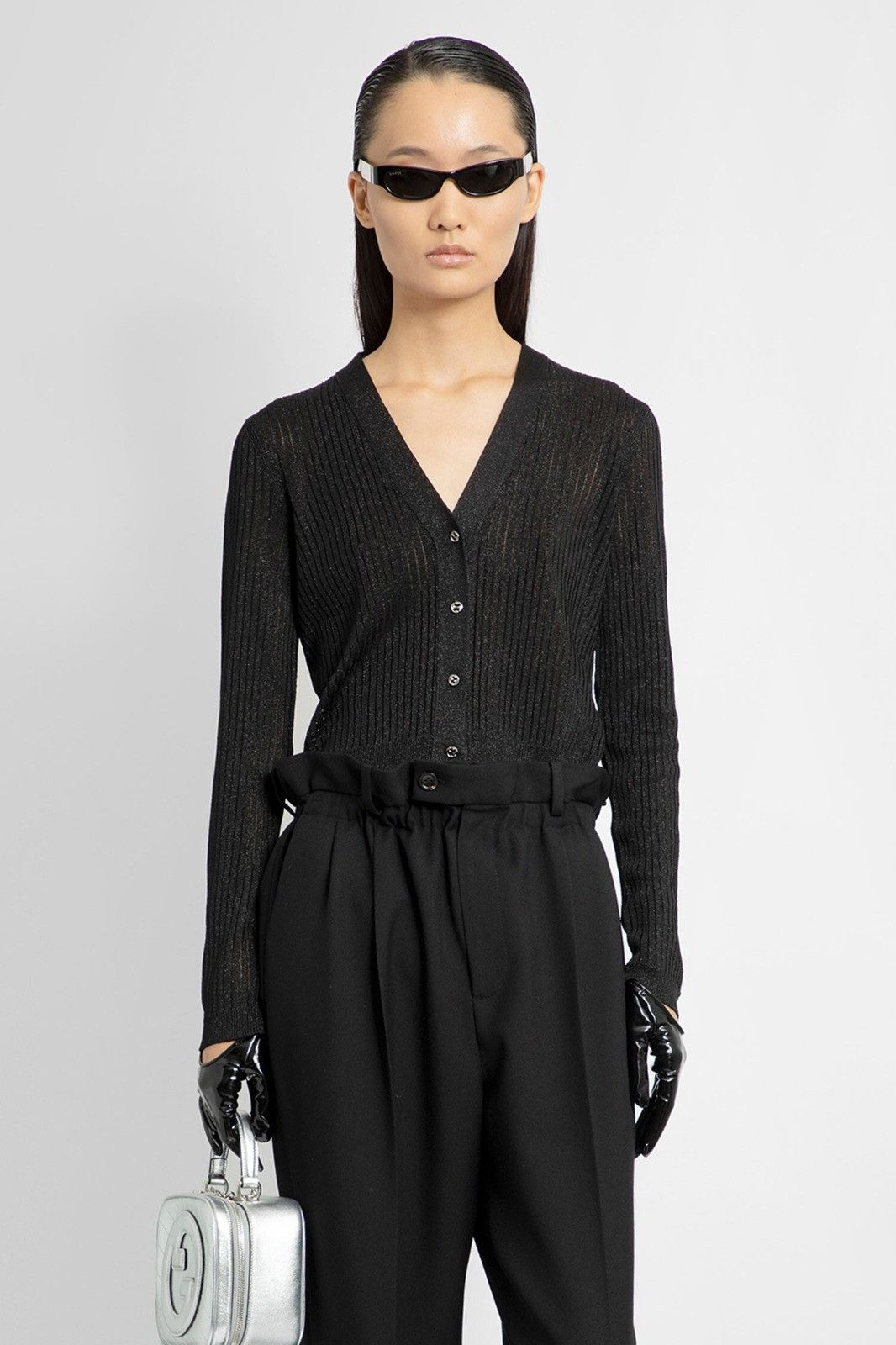Gucci o1la5ras0526 Rib Stitch Viscose Lamé Cardigan in Black Size M / US 6-8 / IT 42-44 - 2 Thumbnail