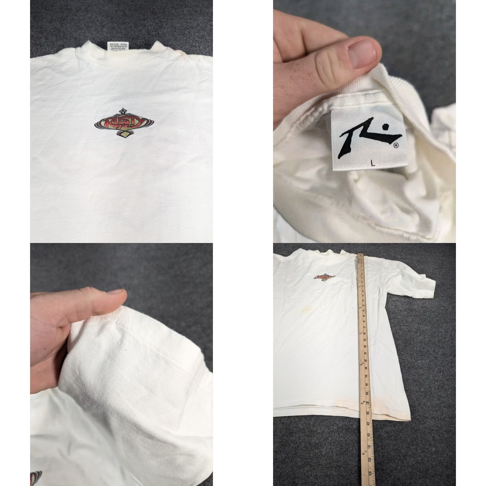 Rusty VINTAGE Single Shirt Mens L White 1990s Rusty Surfwear Stitch Men Surf Skate Distressed Size US L / EU 52-54 / 3 - 8 Thumbnail