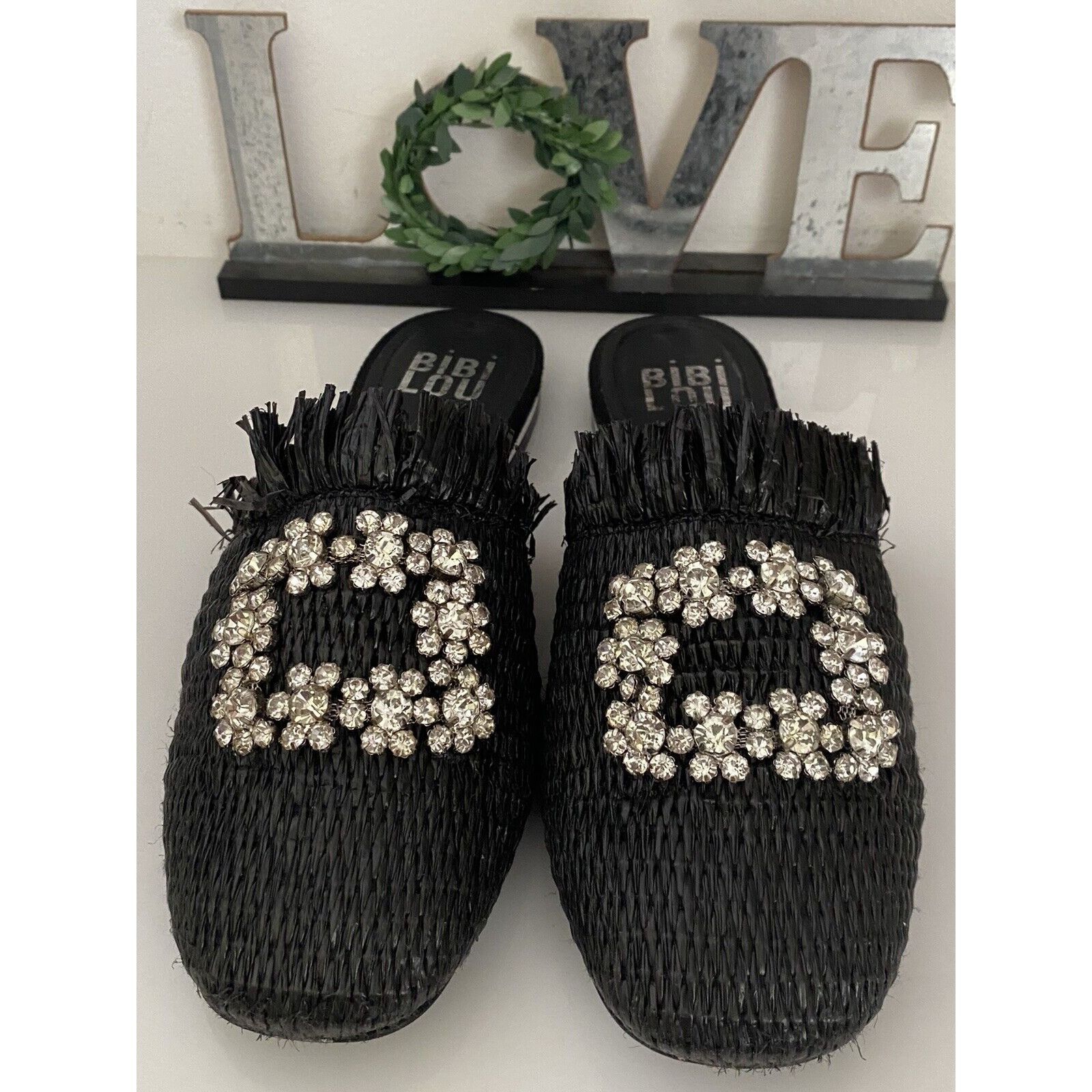 Vintage Bibi Lou Raffia Gem Jeweled Mule Slide Slip On Slipper Shoes Size US 6 / IT 36 - 1 Thumbnail