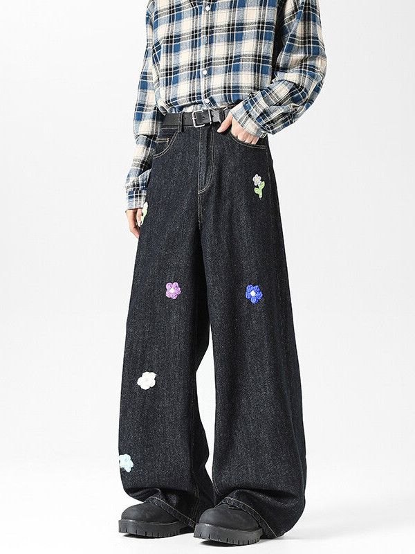 Japanese Brand Men's American Retro Loose Casual Floral Embroidered Jeans Size US 32 / EU 48 - 2 Thumbnail