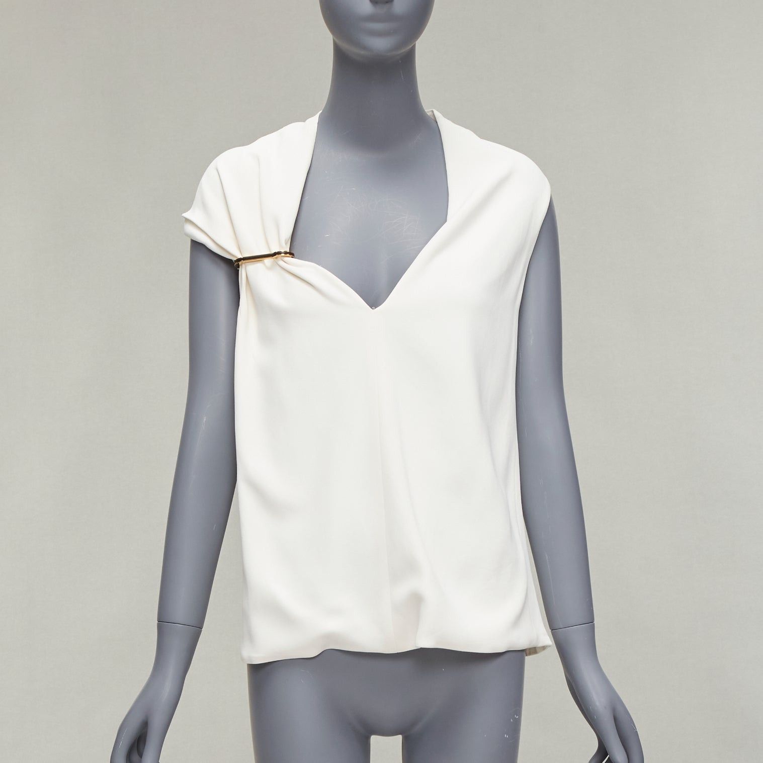 image of Balenciaga 2014 Cream Crepe Gold Carabiner Buckle V Neck Vest Top Fr38 M, Women's (Size Medium)