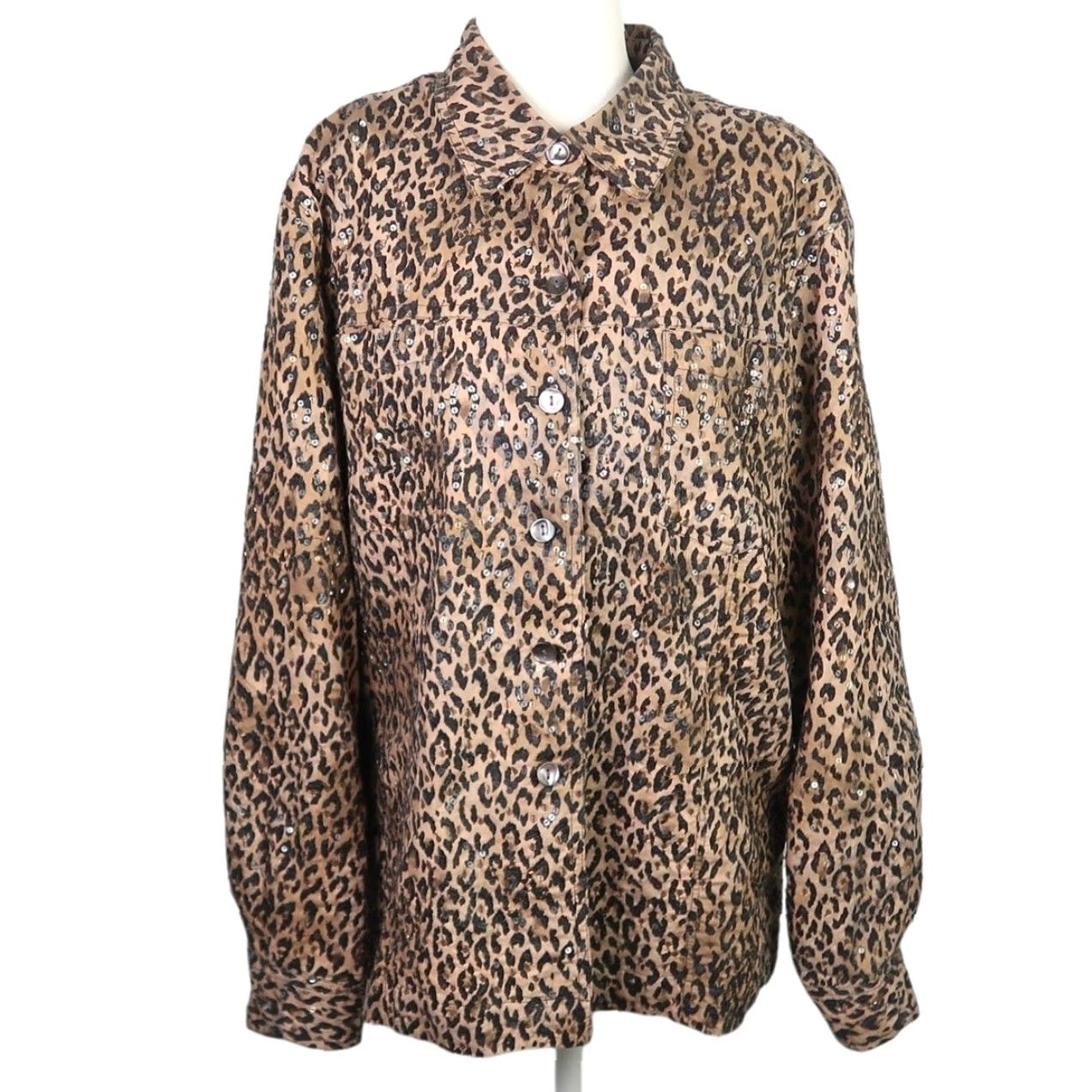 Vintage VINTAGE Chico's Leopard Sequin Jacket Leather? No, Cotton Short Jacket 90s Woman L Brown Black Sequin Button Front 2 / Large Girls Womens Mens? Size L / US 10 / IT 46 - 2 Thumbnail