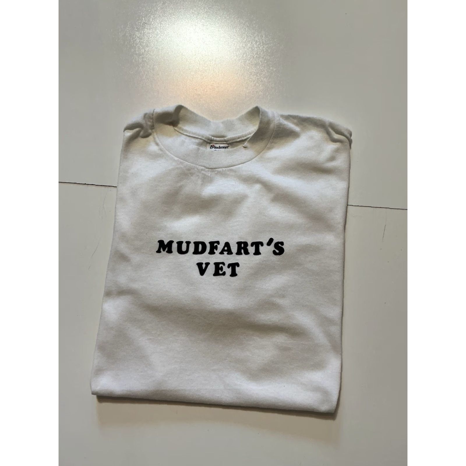 FELT VINTAGE Stedman Super 50 Mudfarts Vet Felt Letter 50/50 White T-Shirt XL Womens Mens Girls Boys Size US XL / EU 56 / 4 - 2 Thumbnail