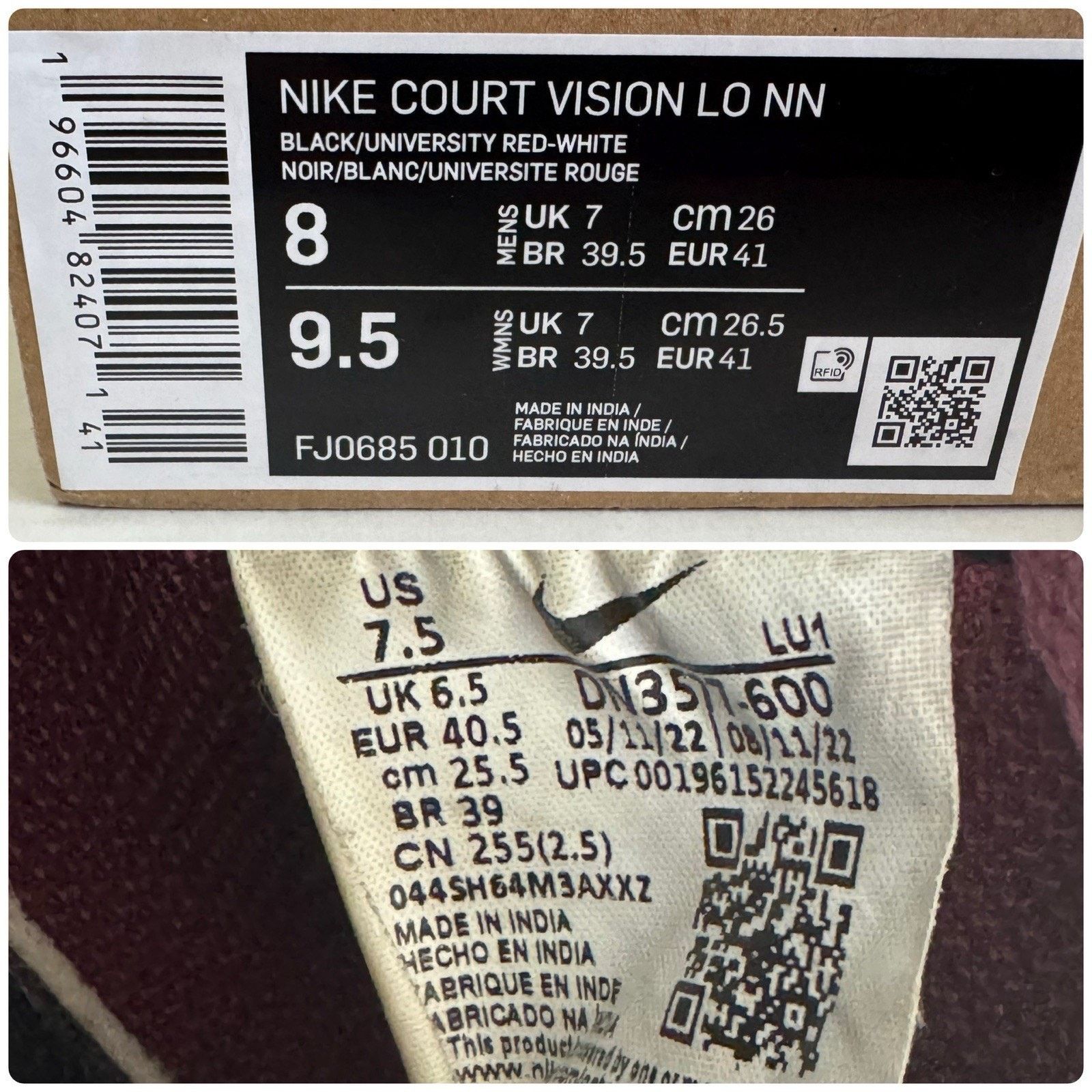Nike NIKE Court Vision LO NN Shoes Black/Maroon Men 8 Women 9.5 Size US 8 / EU 41 - 13 Thumbnail