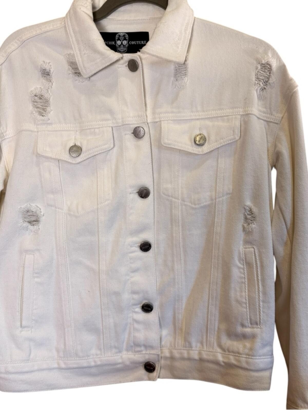 Other HipChik Distressed White Denim Jean Jacket Studded Skull Size S / US 4 / IT 40 - 2 Thumbnail