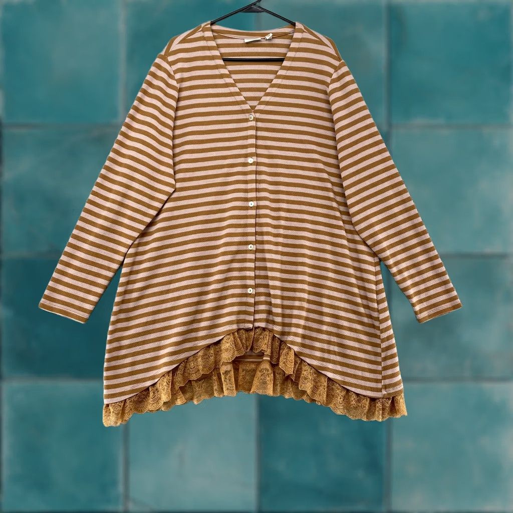 Vintage LOGO Lori Goldstein Tunic Top Womens 3X Brown Button Front Lace Layered Stripe V-Neck Long Sleeve Blouse Size XXL / US 16-18 / IT 52-54 - 1 Thumbnail
