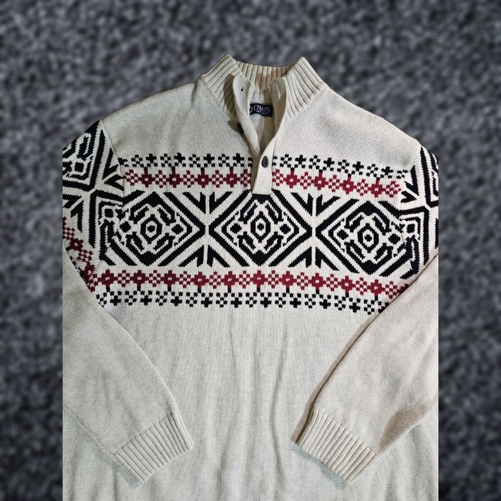 Chaps VINTAGE Chaps Ralph Lauren Sweater Nordic 1/4 Button Mock Neck 2XL Cream Black Red Pattern Mens Size US XXL / EU 58 / 5 - 1 Thumbnail
