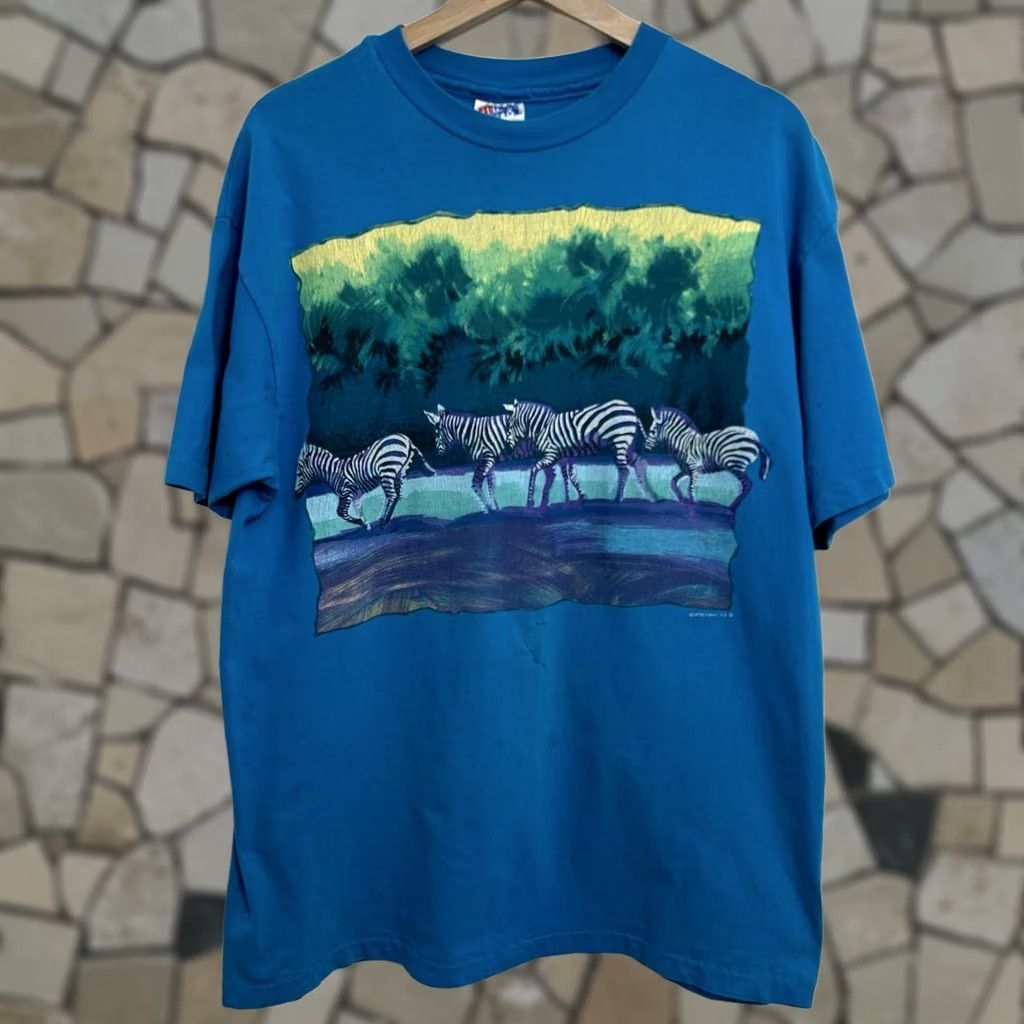 Vintage VINTAGE Hanes Beefy T Zebra Herd 1992 Tee Blue T-Shirt Harlequin USA Made 90s Large Shirt Unisex Adults Blue 90s Graphic Print Tee Mens Women Size US L / EU 52-54 / 3 - 1 Thumbnail