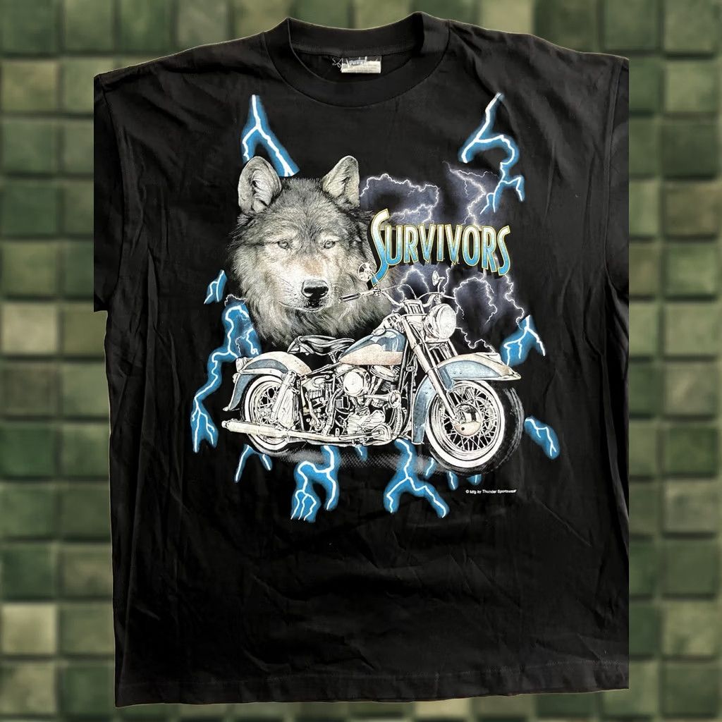 Vintage VINTAGE Thunder Sportswear Wolf Motorcycle Bike Tshirt Mens XL Black 90s Survivors T-Shirt Mens XL Black Motorcycle Theme Size US XL / EU 56 / 4 - 1 Thumbnail