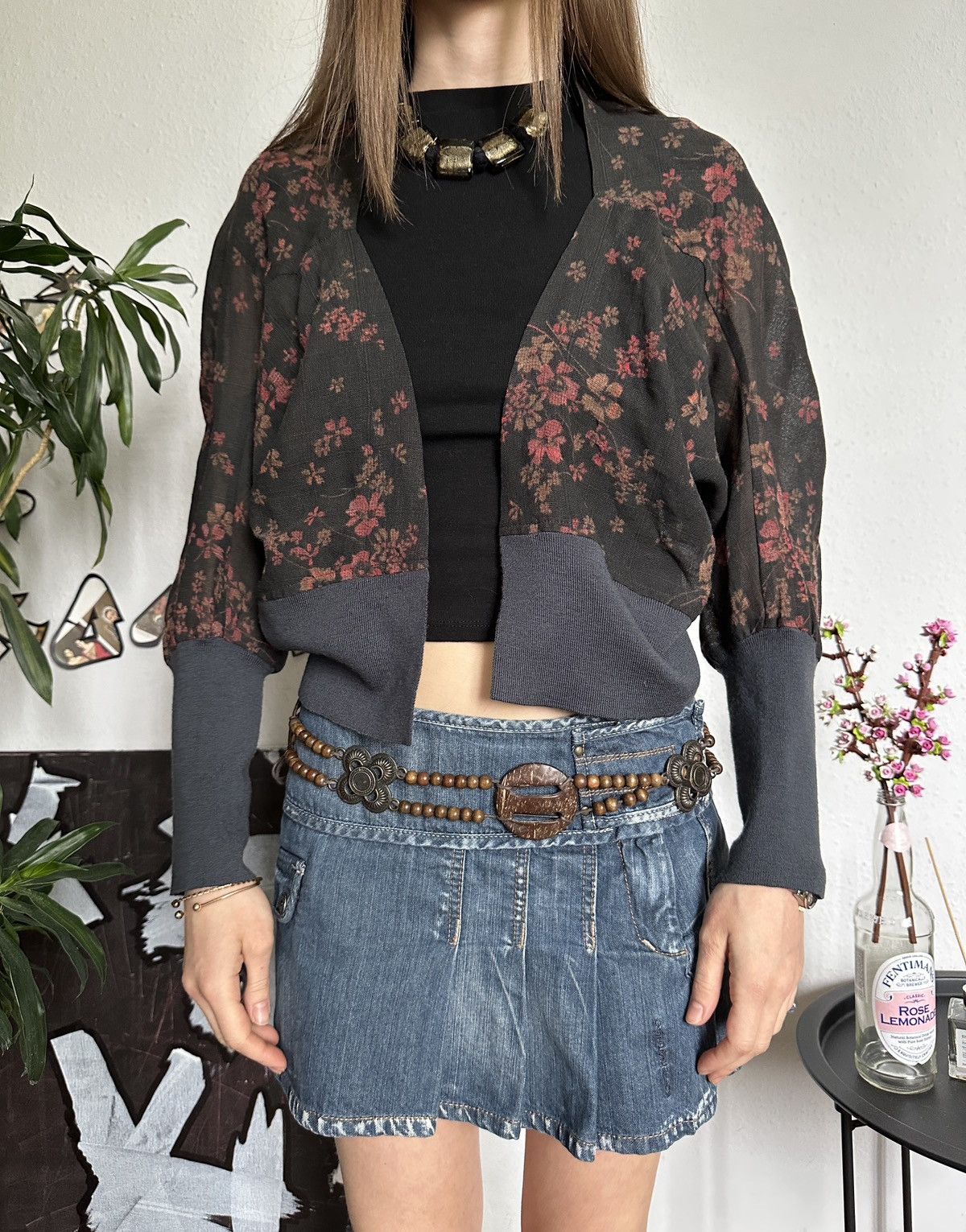 Designer × Vintage Crea Concept Vintage Floral Merino Wool Bolero Cardigan Size XS / US 0-2 / IT 36-38 - 2 Thumbnail
