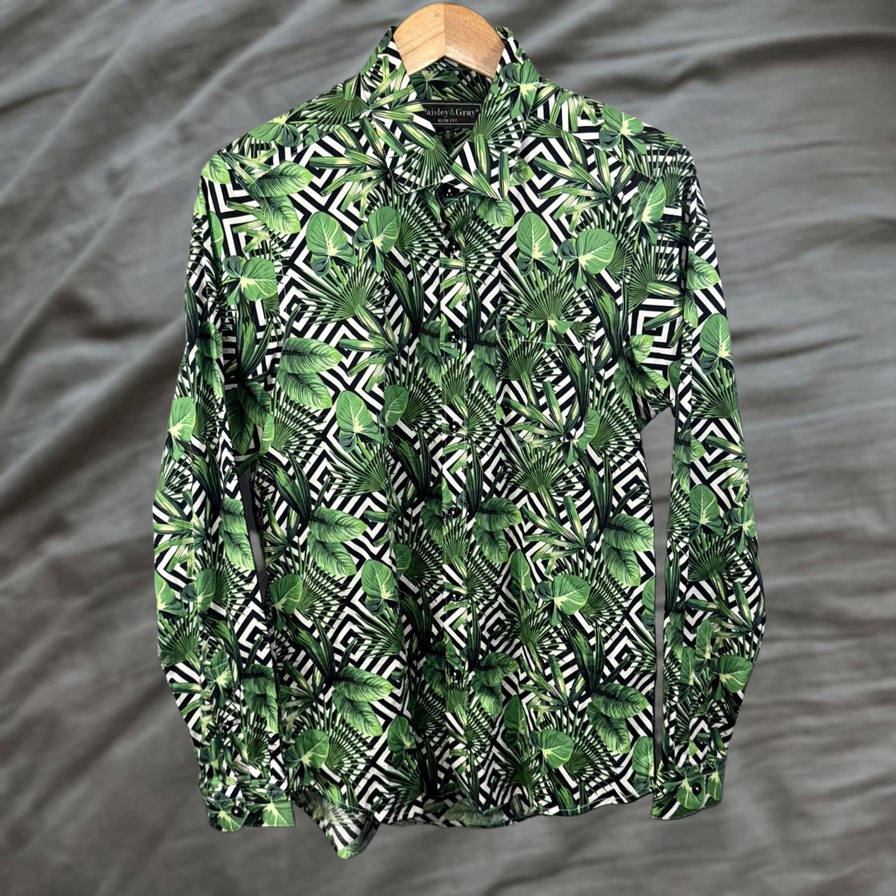 Vintage Paisley & Gray Shirt Mens M Green Tropical Palm Geometric Slim Fit Stretch Size US M / EU 48-50 / 2 - 1 Thumbnail