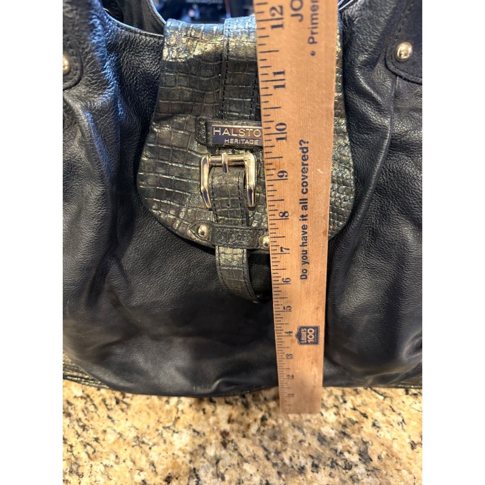 Halston VINTAGE Halston Y2K Large Black Gold Handbag Shoulder Bag Women Adults Large Black Gold Zipper Pull Missing Inside Leather 90s Style Size ONE SIZE - 5 Thumbnail