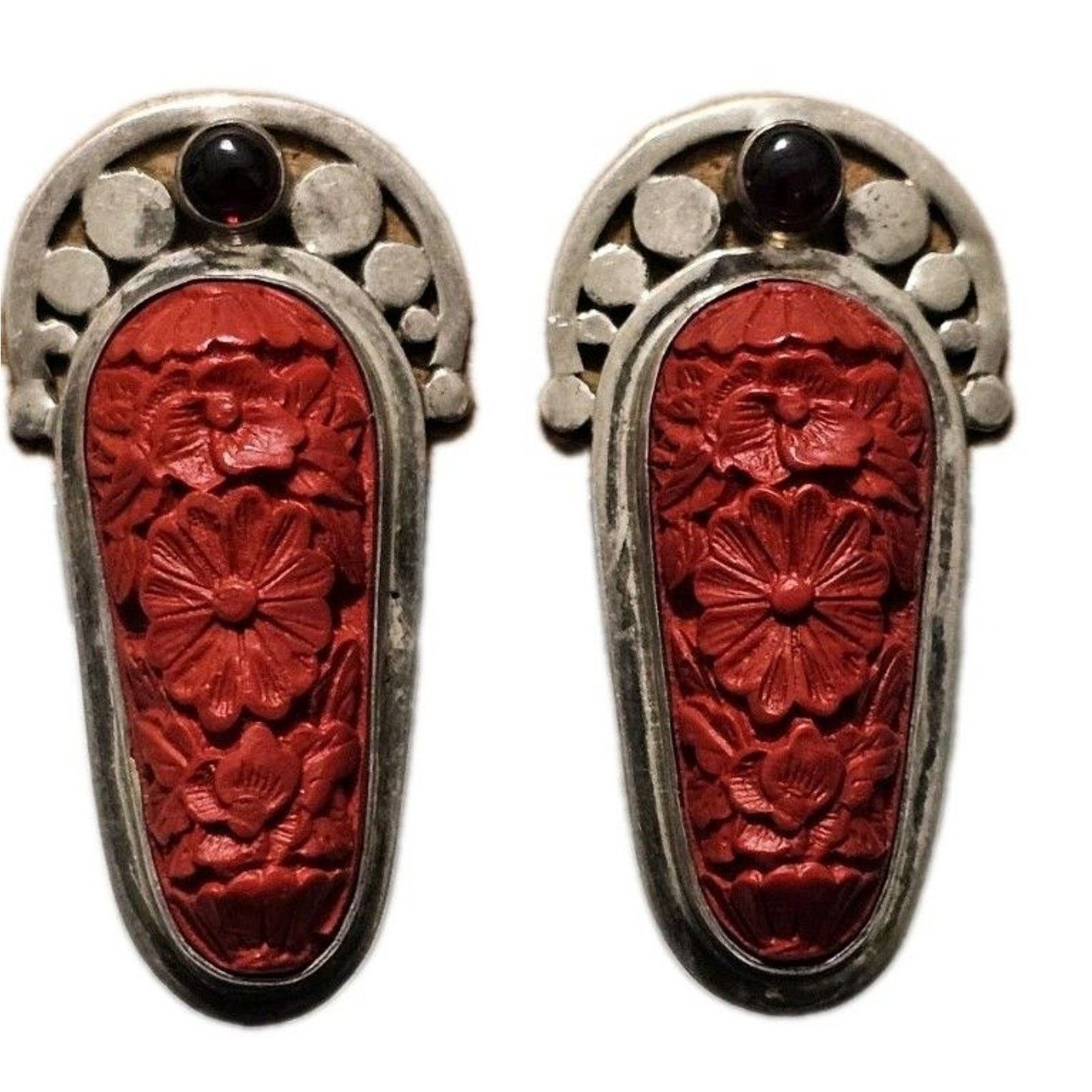 Other Vintage Sajen Silver Carved Cinnabar Garnet Clip On Earrings Size ONE SIZE - 1 Thumbnail