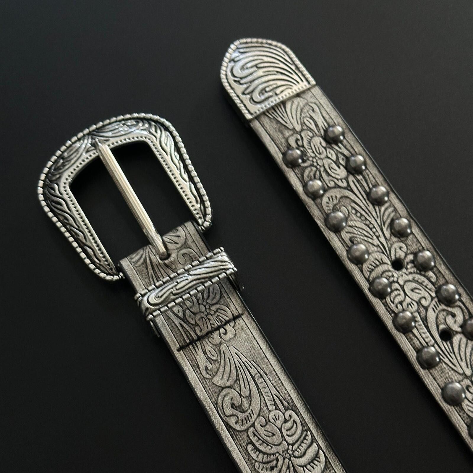 Other Western Engraved Narrow Rivet Belt | Brown Vintage Street Size ONE SIZE - 4 Thumbnail