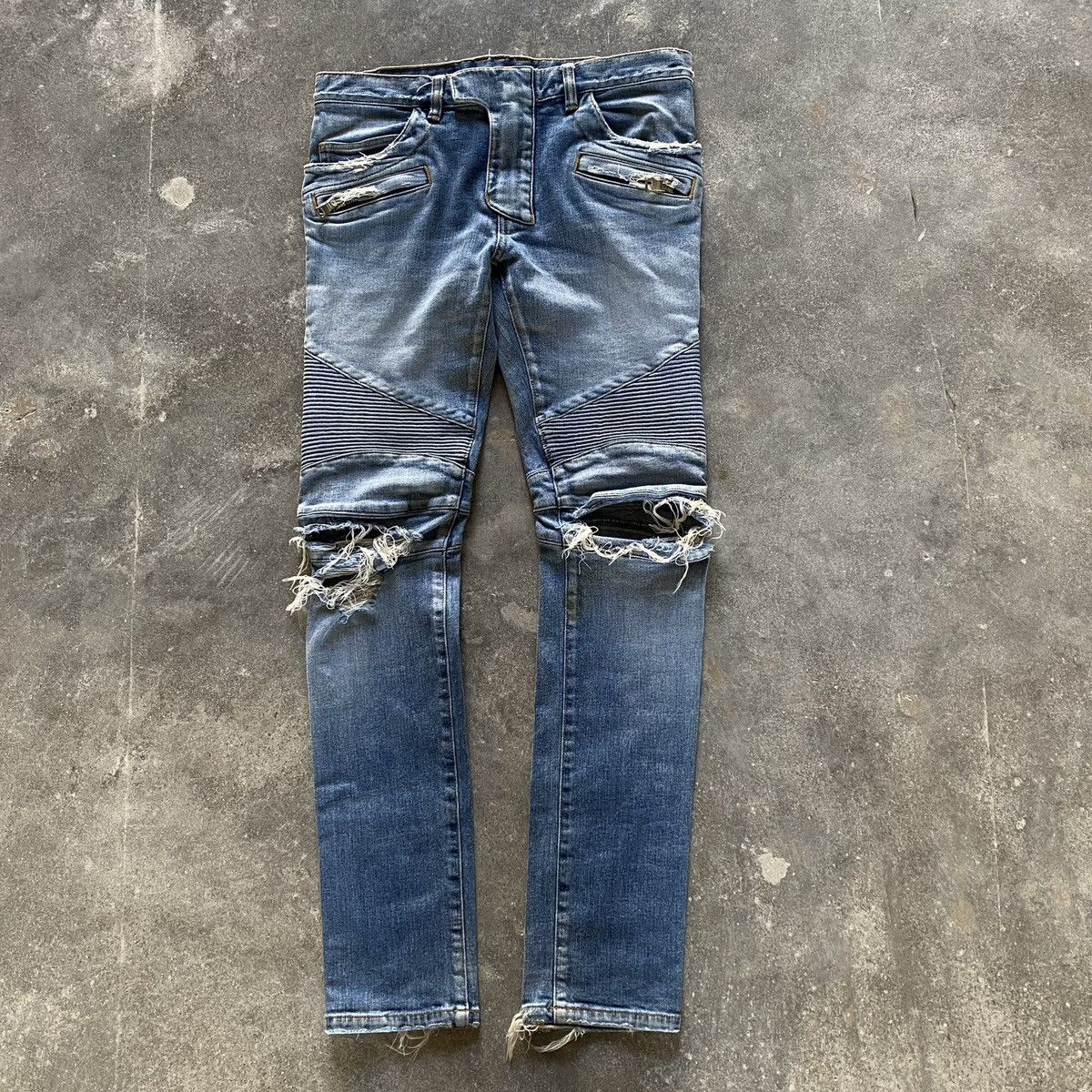 image of Balmain Distressed Biker Denim in Blue, Men's (Size 30)