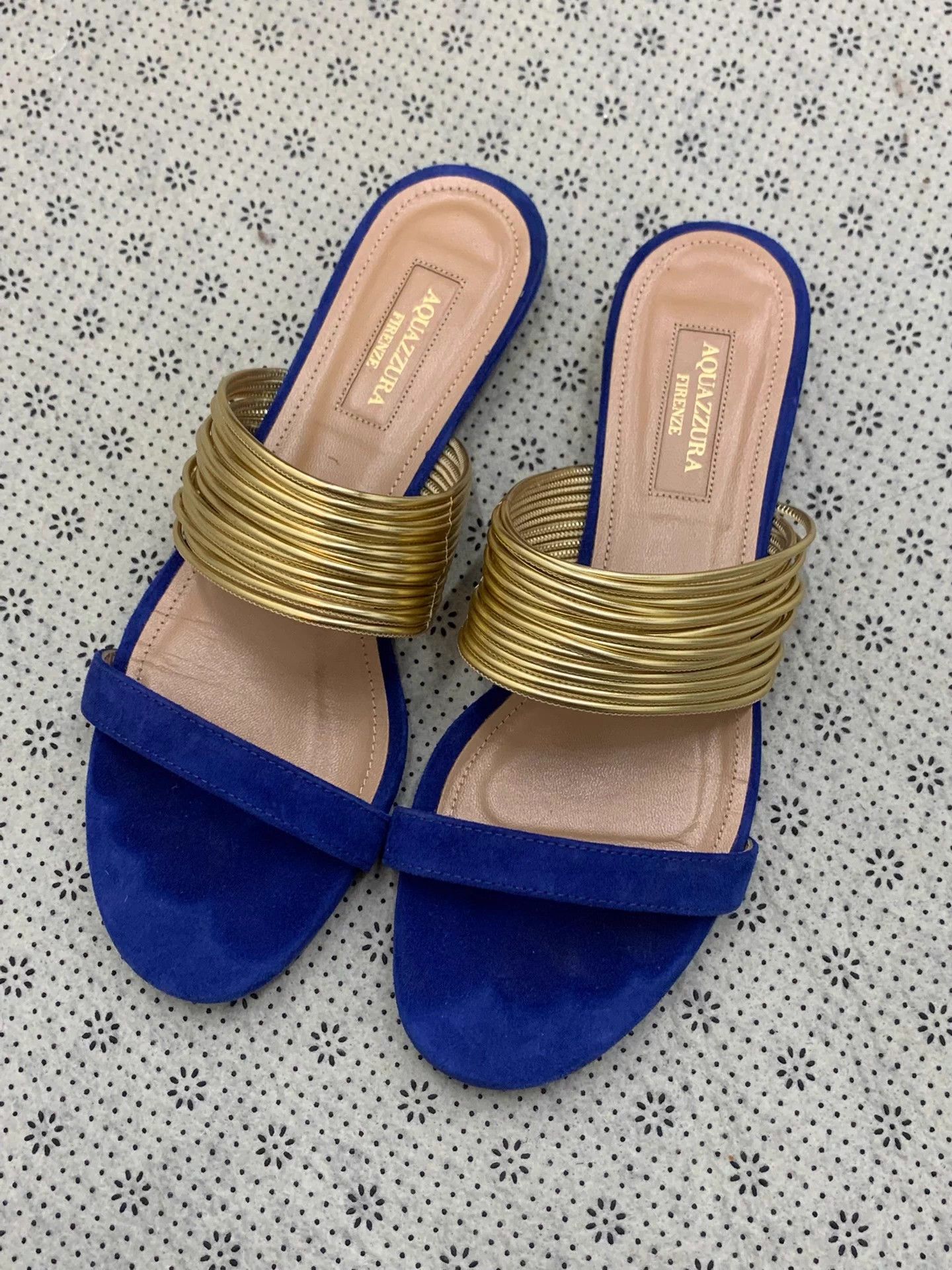 Aquazzura Golden Pineapple Blue Slippers Size 36
