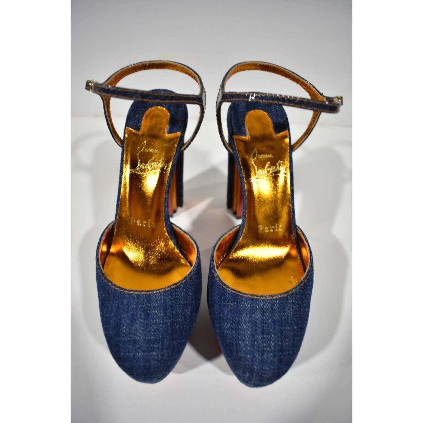 Christian Louboutin Coluna Pump 130 Denim Blue Ankle Strap Platform Heel 37.5 Size US 7.5 / IT 37.5 - 7 Thumbnail