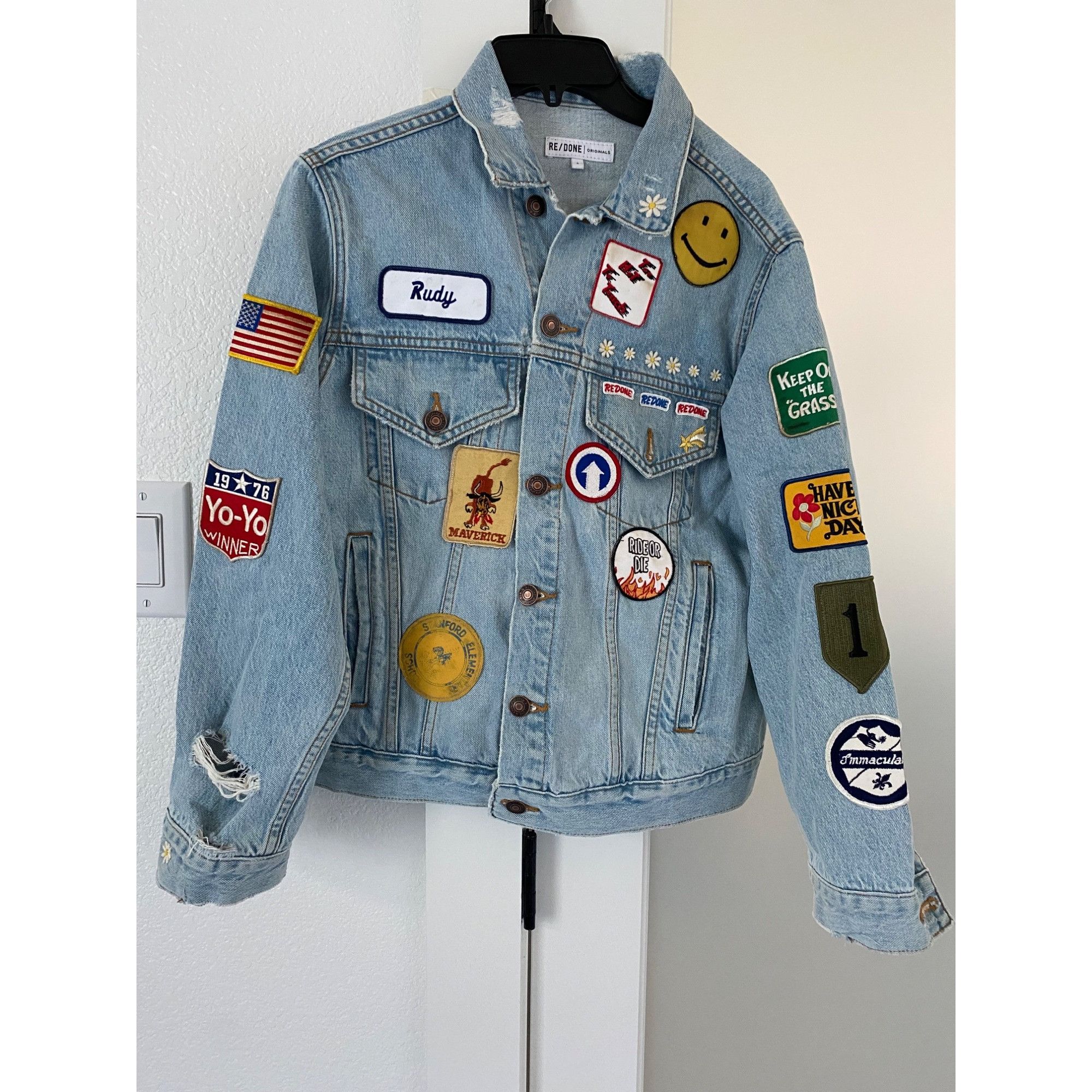 image of Redone New Re/done Originals Patch Reworked Denim Jacket Size Small in Blue, Women's