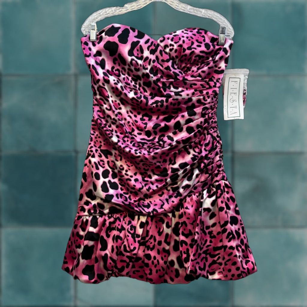 Vintage VINTAGE 90s Y2K Fiesta Strapless Mini Dress Pink Cheetah Leopard Satin 8 Medium Women's Size M / US 6-8 / IT 42-44 - 1 Thumbnail