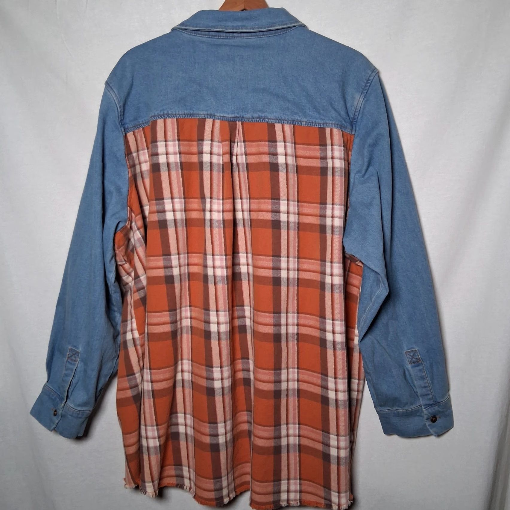 Denime Canyon Retreat Button-Up Plaid Chambray Denim Shirt 3X Blue Casual Plus Size Womens Distressed Look Long Sleeve Collared Button Front Adapted Size XXL / US 16-18 / IT 52-54 - 3 Thumbnail
